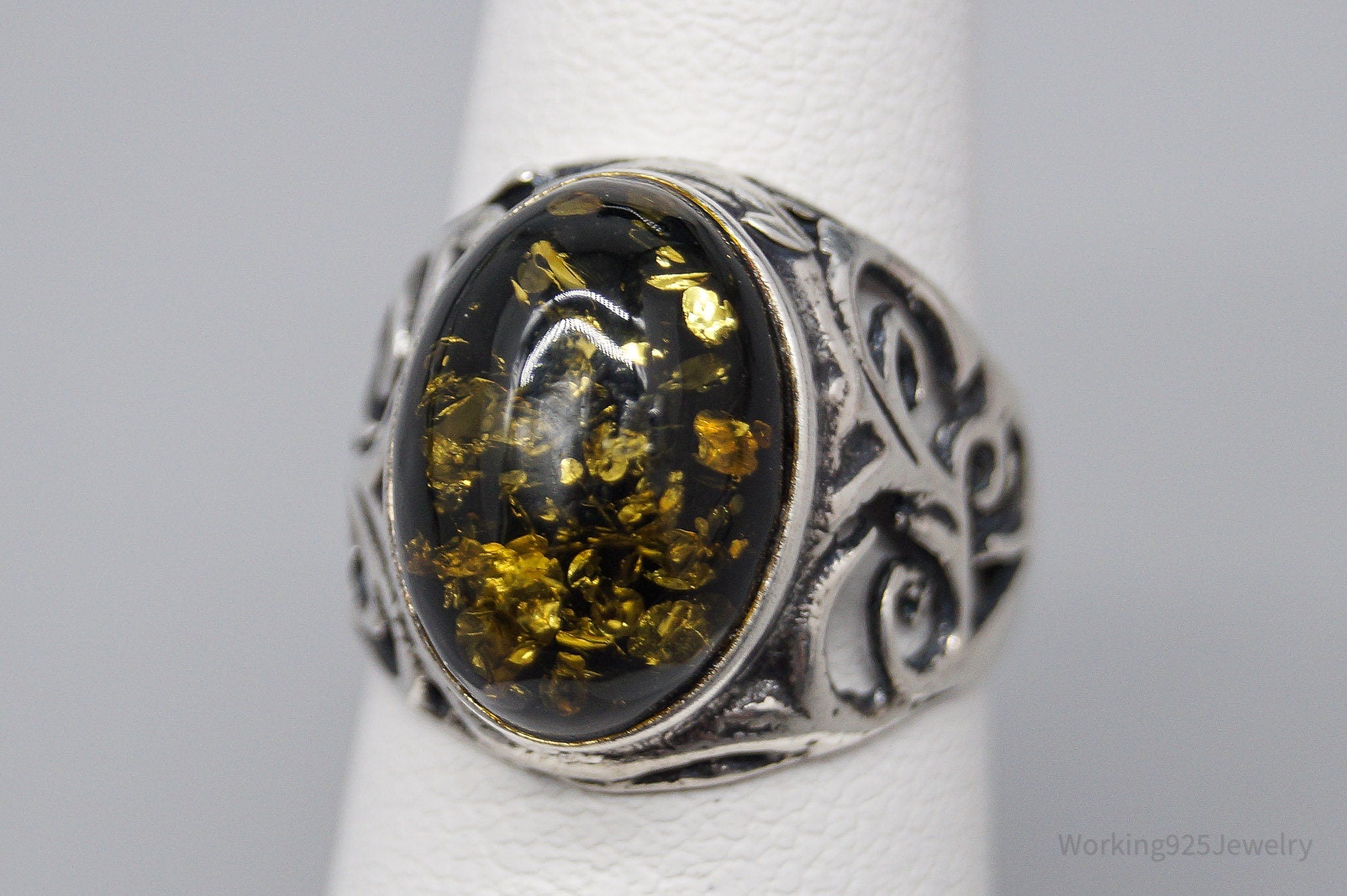 Vintage Amber Sterling Silver Ring - Size 5.25