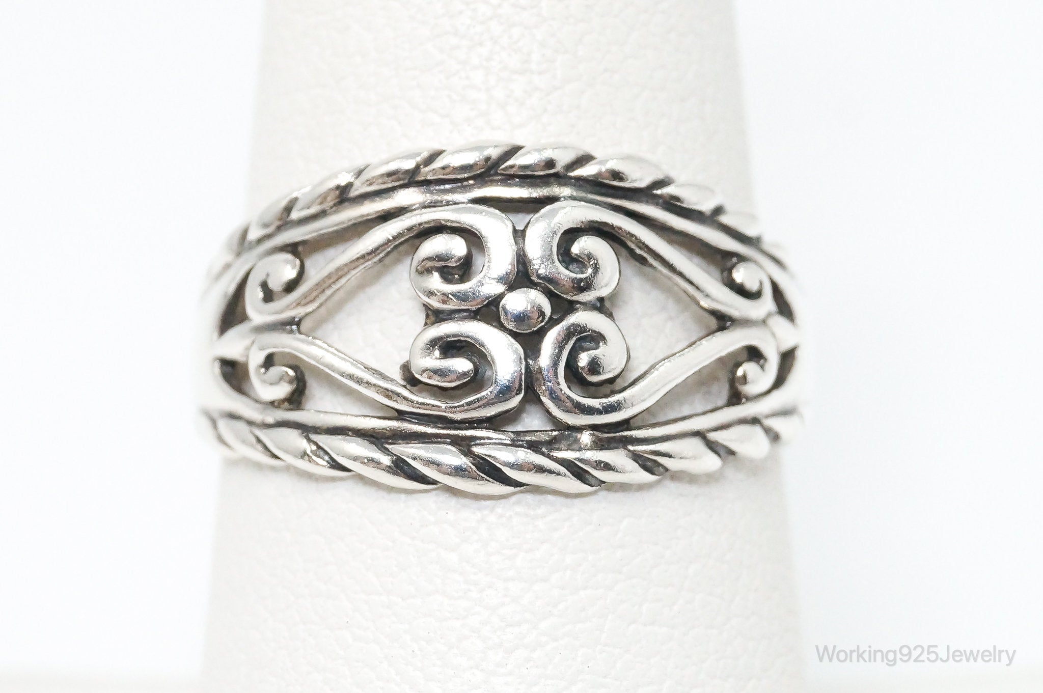 Vintage Scroll Hearts Sterling Silver Band Ring - SZ 8