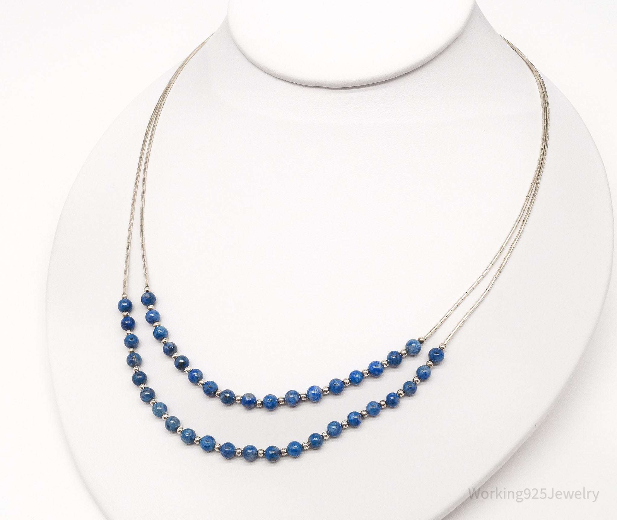Vintage Southwest Carolyn Pollack Lapis Lazuli Bead Sterling Silver Necklace 23"