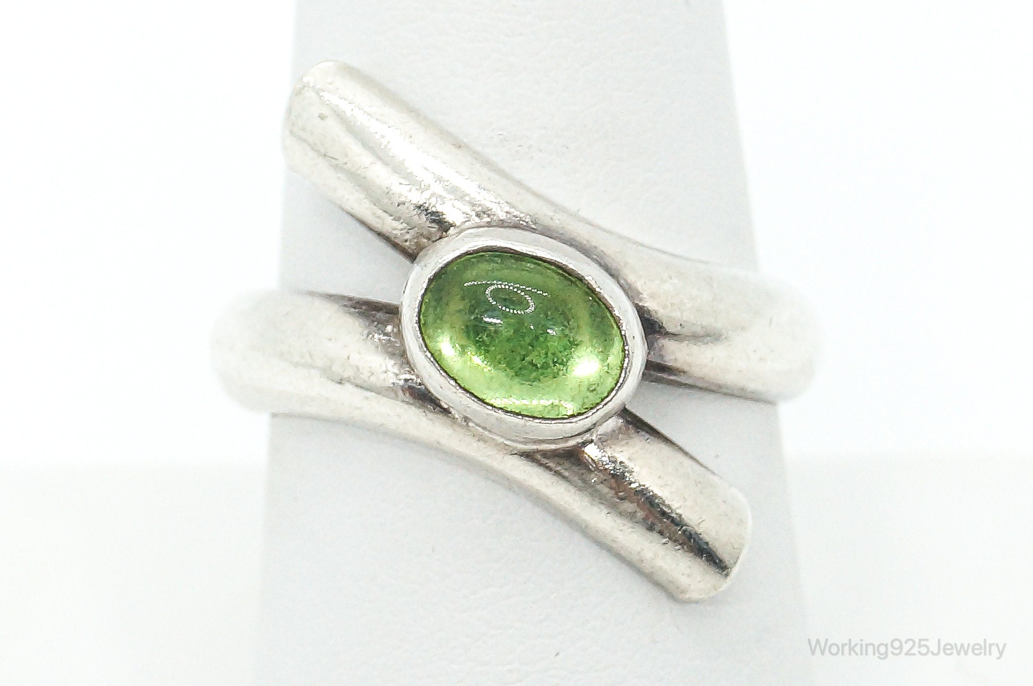 Vintage Mexico Modernist Sleek Green Glass Sterling Silver Ring - Size 8.25