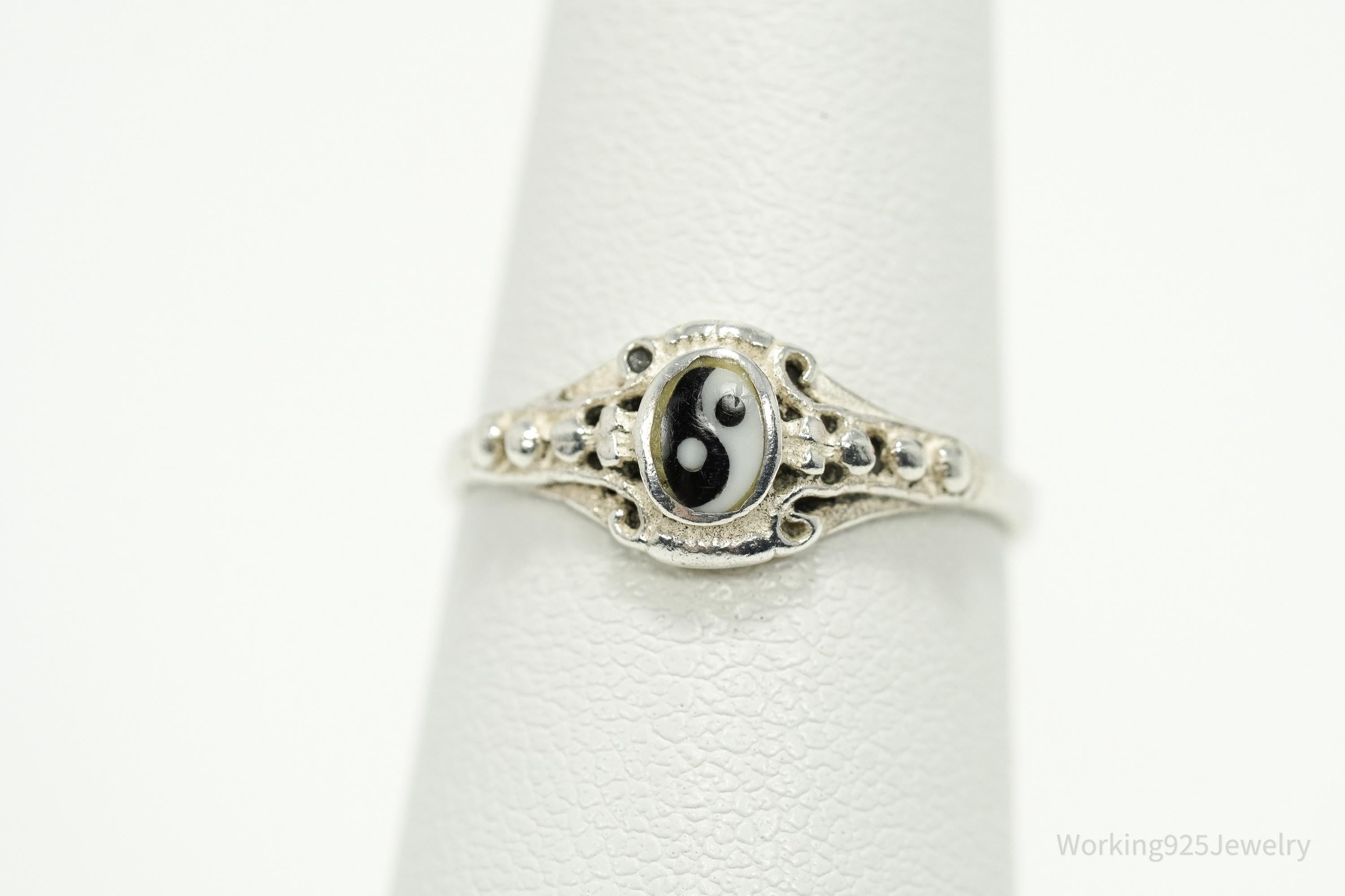 Vintage Yin And Yang Onyx Sterling Silver Ring - Size 6
