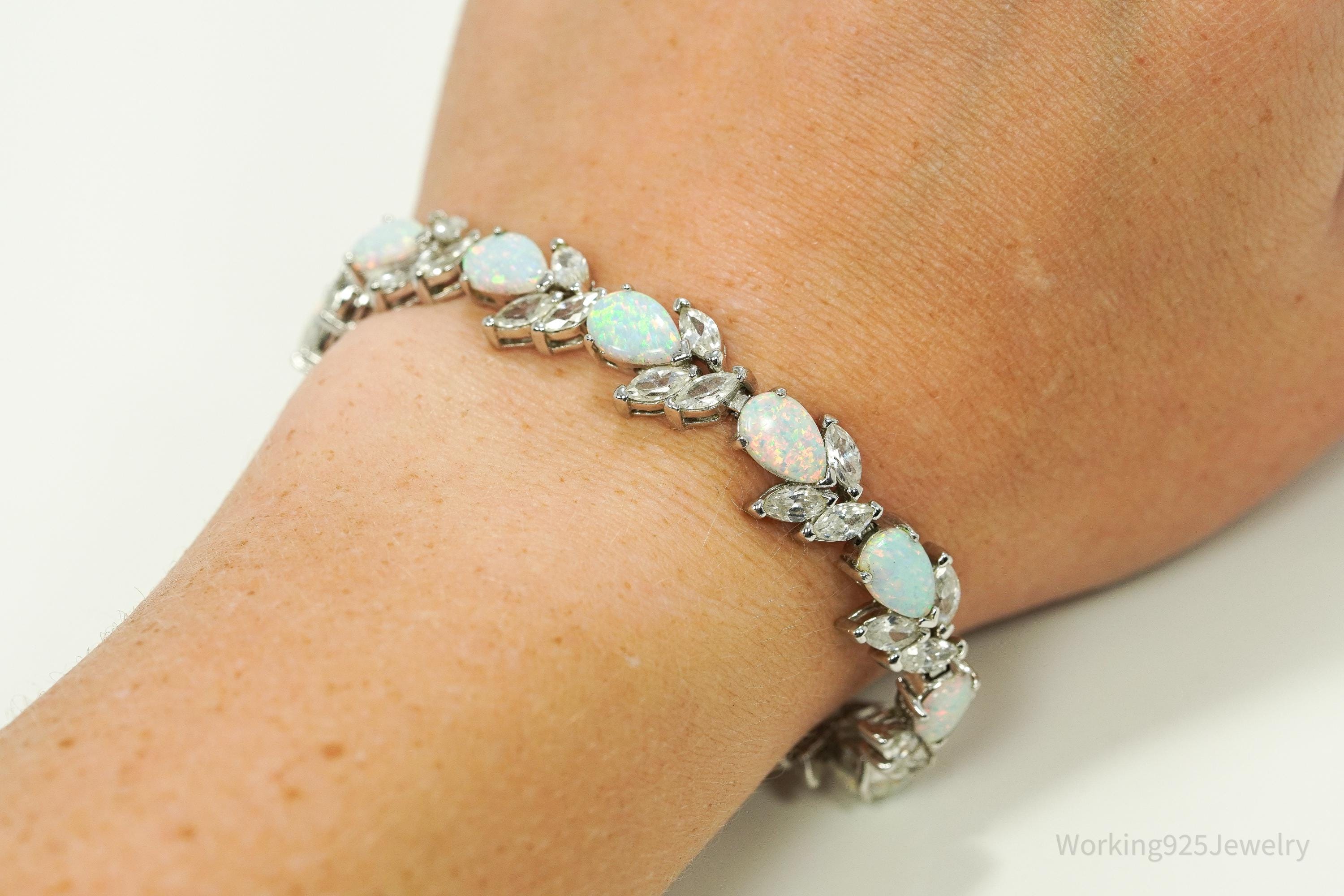 Vintage Opal & Cubic Zirconia Sterling Silver Bracelet 7 3/8"