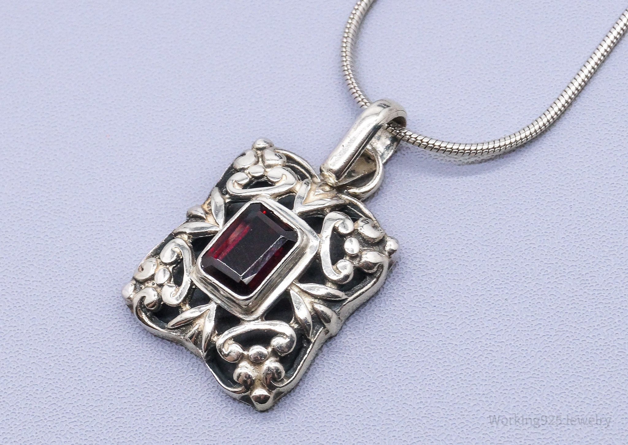 Vintage Garnet Art Deco Style Sterling Silver Necklace 18"