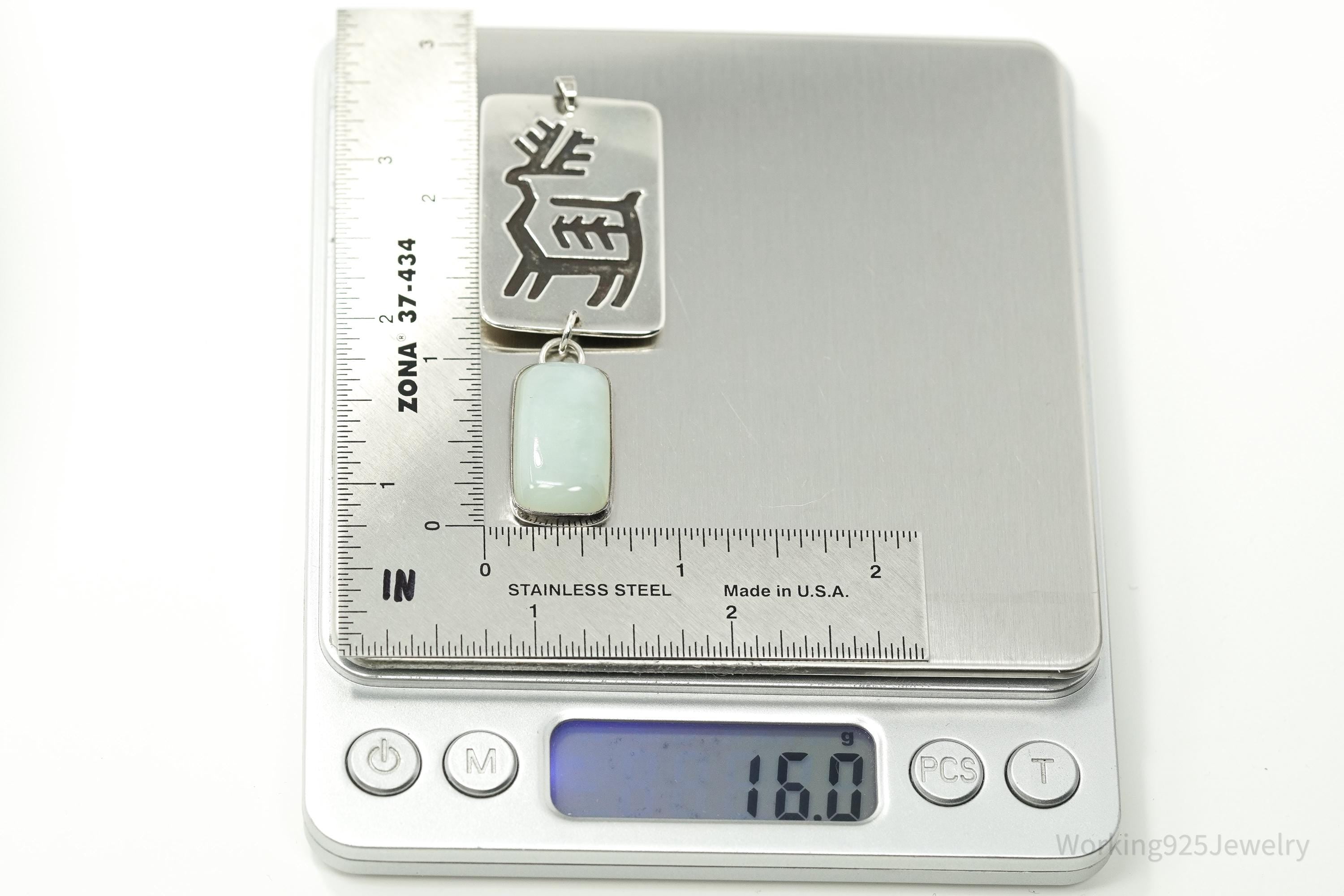 Large Vintage Native American Aqua Chalcedony Sterling Silver Pendant 2.75"