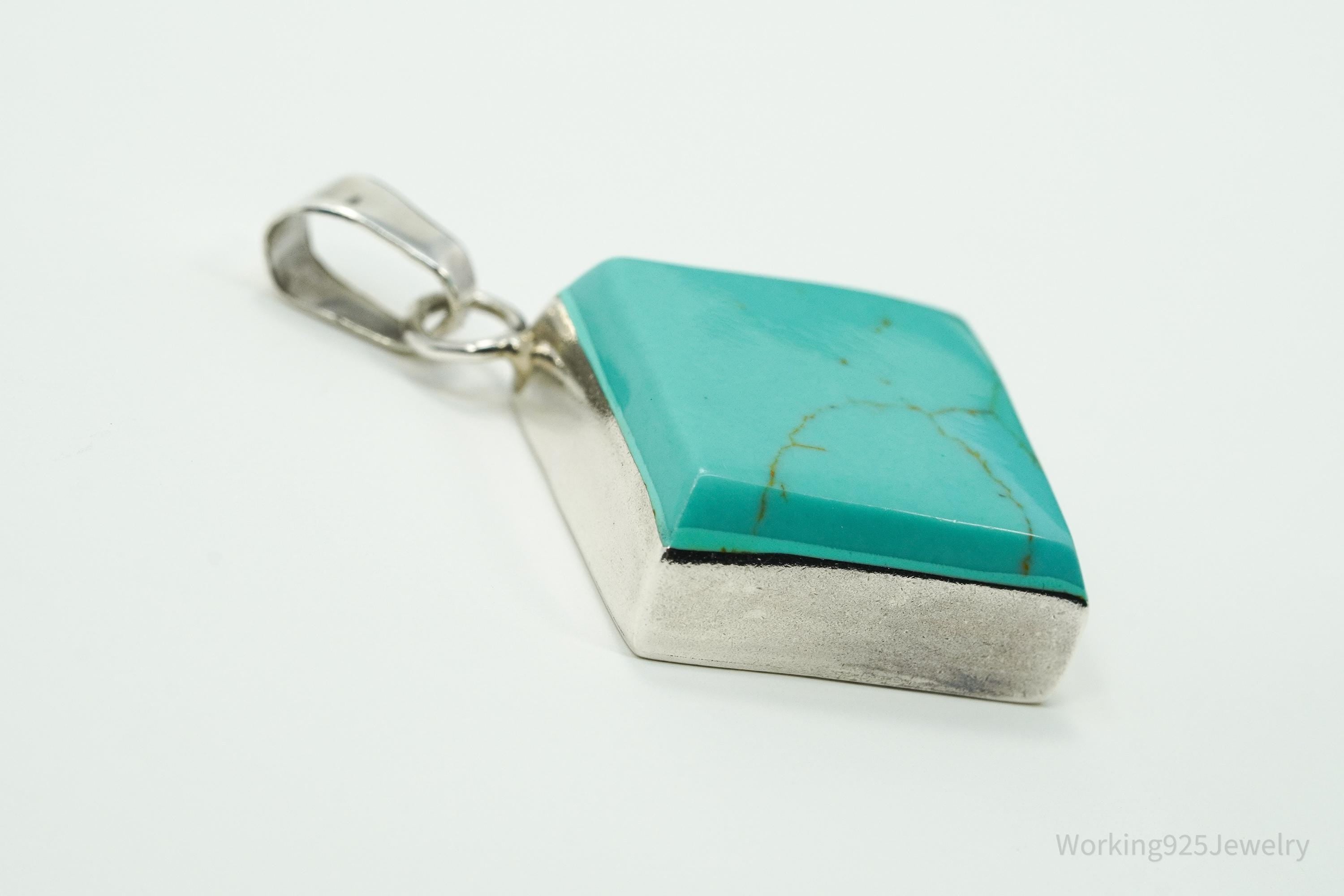 Vintage Turquoise Square Sterling Silver Necklace Pendant
