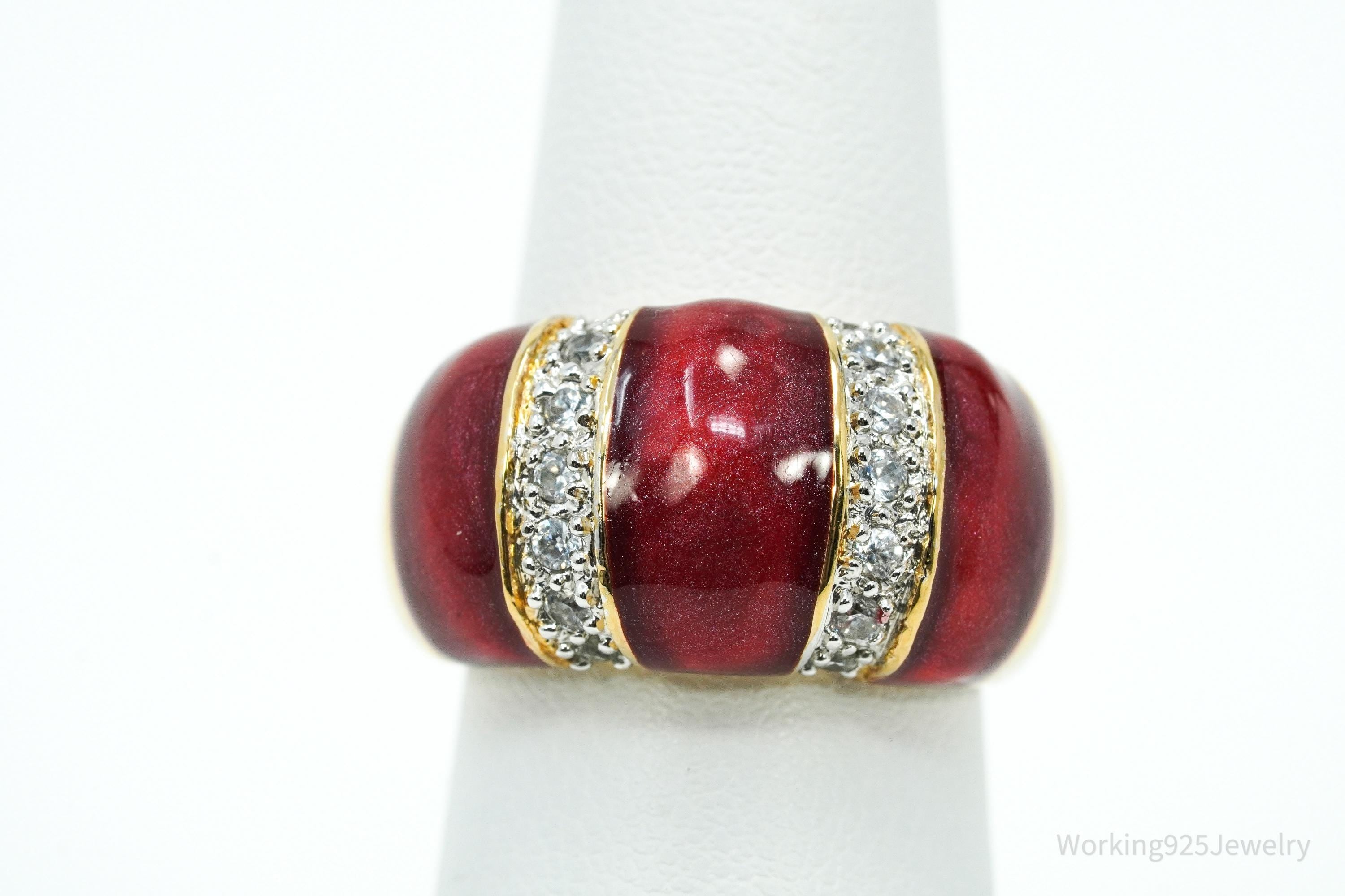 Designer Cubic Zirconia & Red Enamel Gold Over Sterling Silver Ring Size 6.75