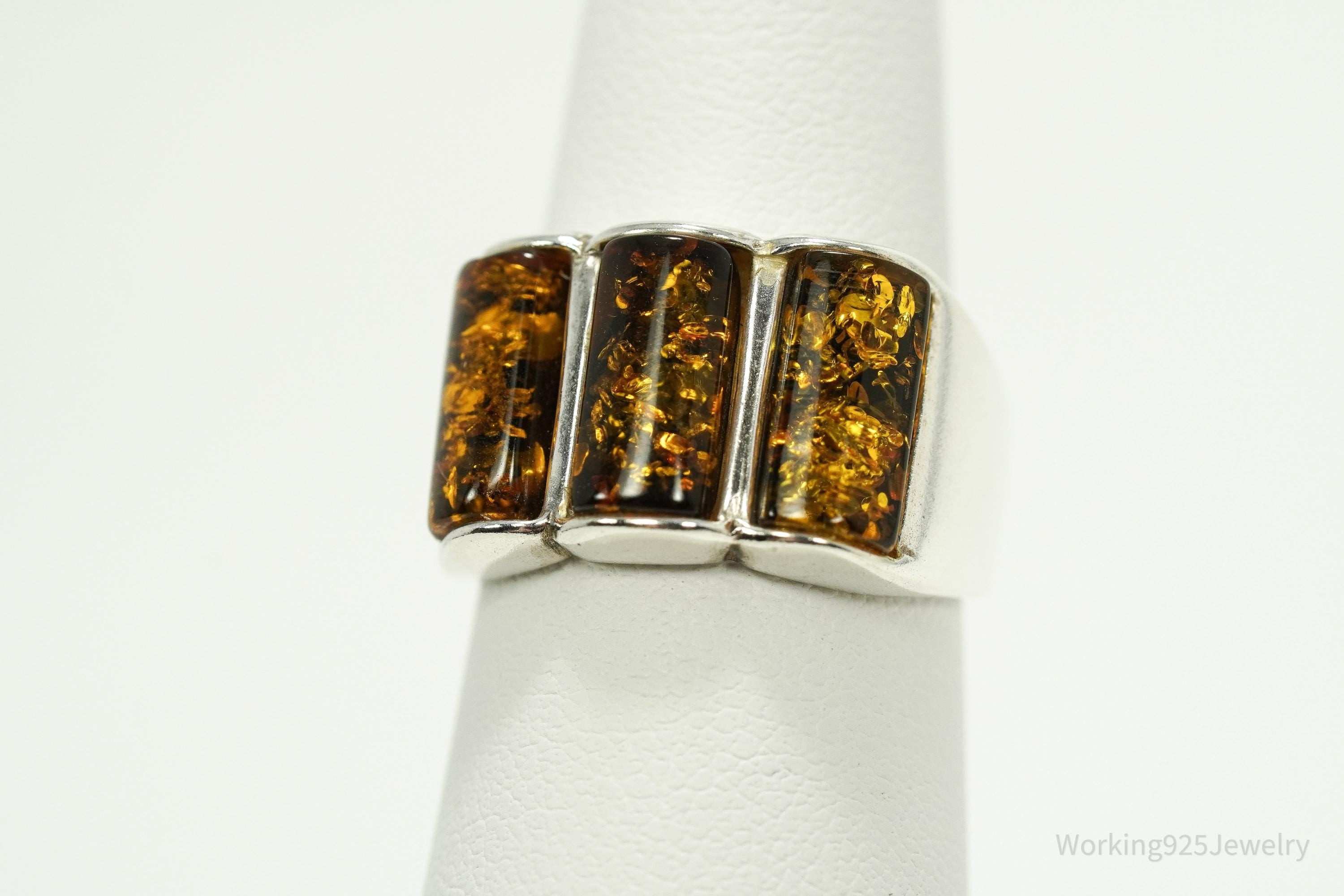 Vintage Amber Modernist Style Sterling Silver Ring - Size 6