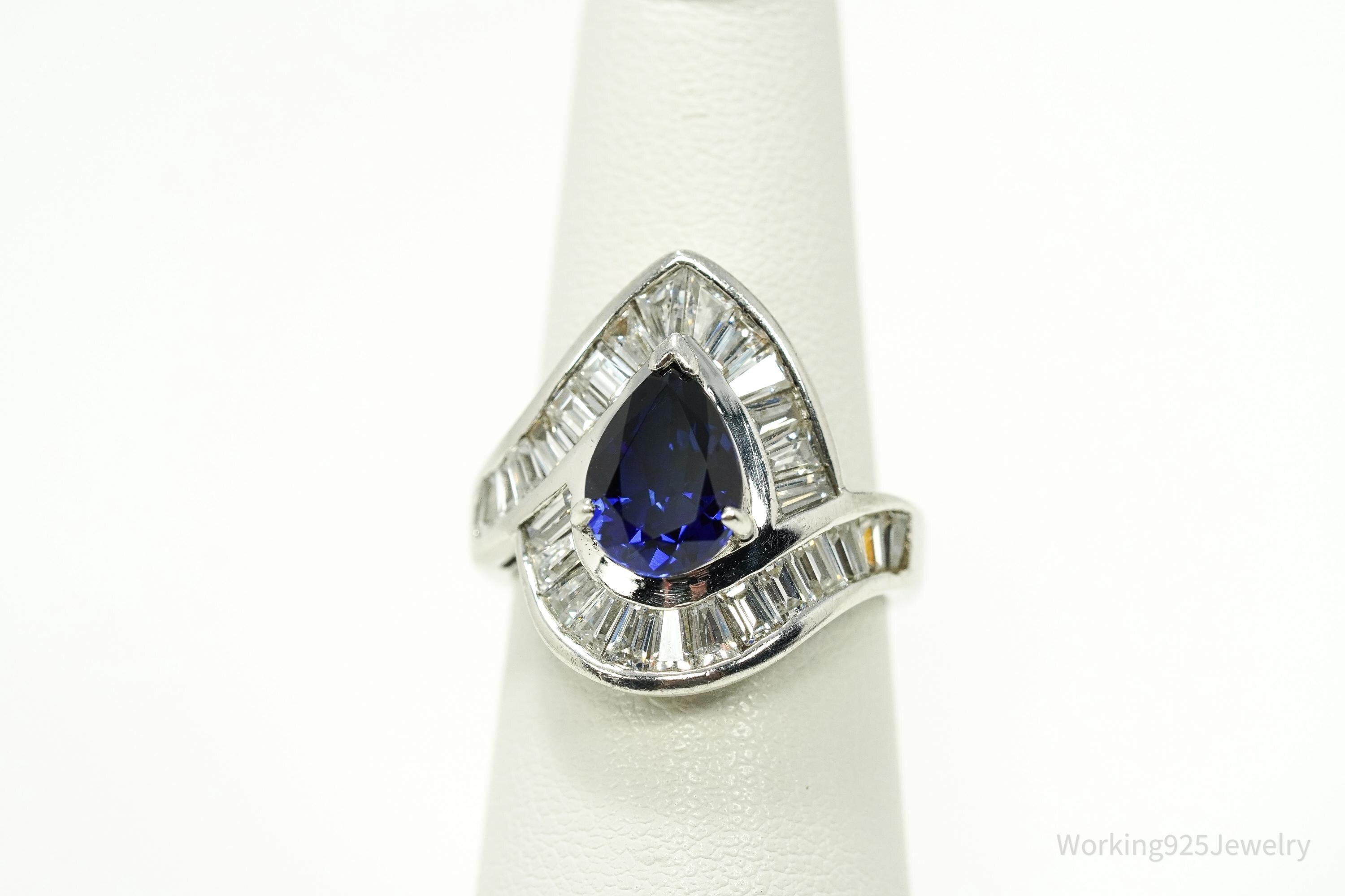 Vintage Lab Sapphire & Cubic Zirconia Rhodium Plated Sterling Silver Ring - Size 6
