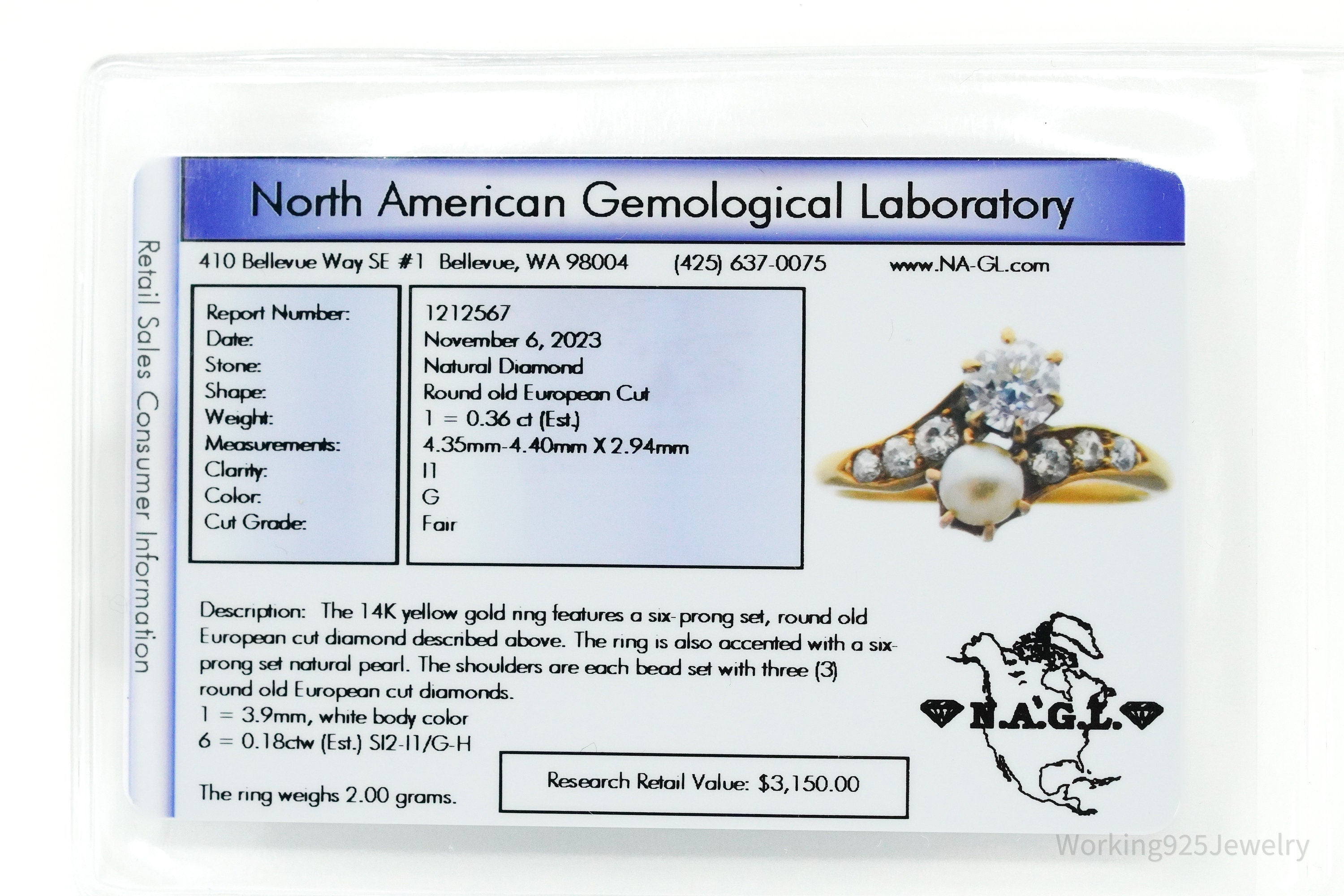 14K Yellow Gold Diamond & Pearl Prong Set Ring - Size 4.75