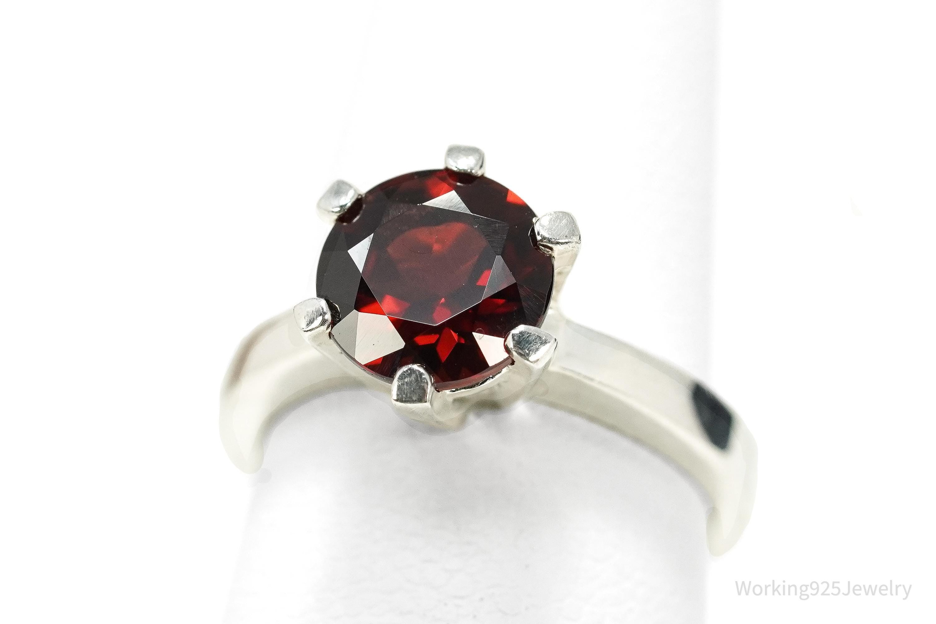 Vintage Sterling Silver Ring • Round Garnet Solitaire Gemstone Size 5