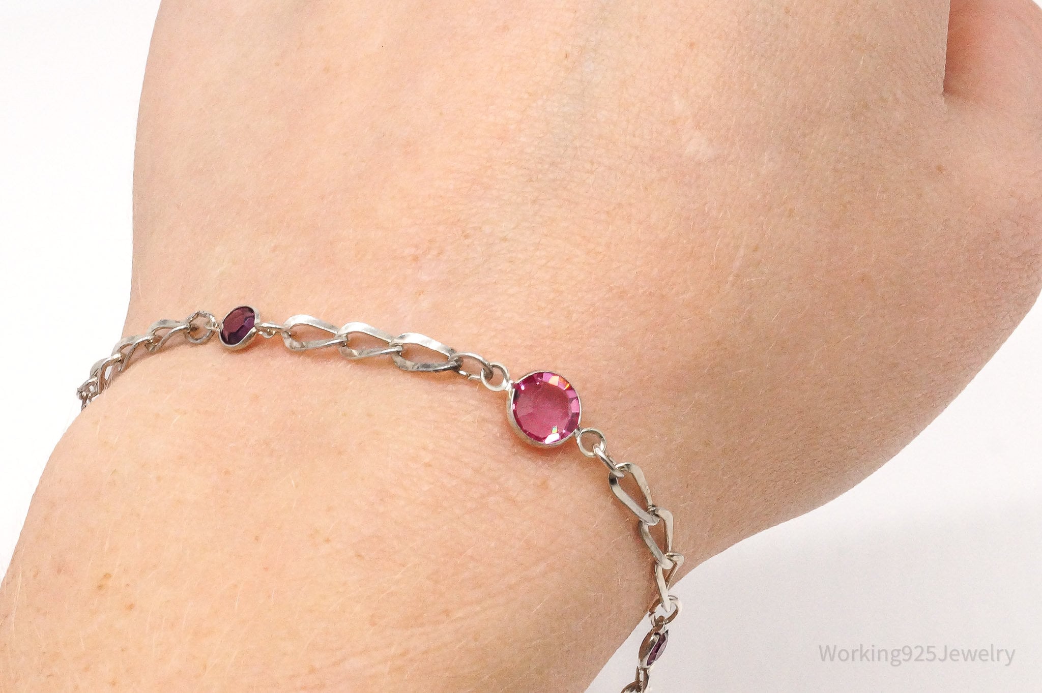 Vintage Avon Pink Crystal Chain Link Sterling Silver Bracelet