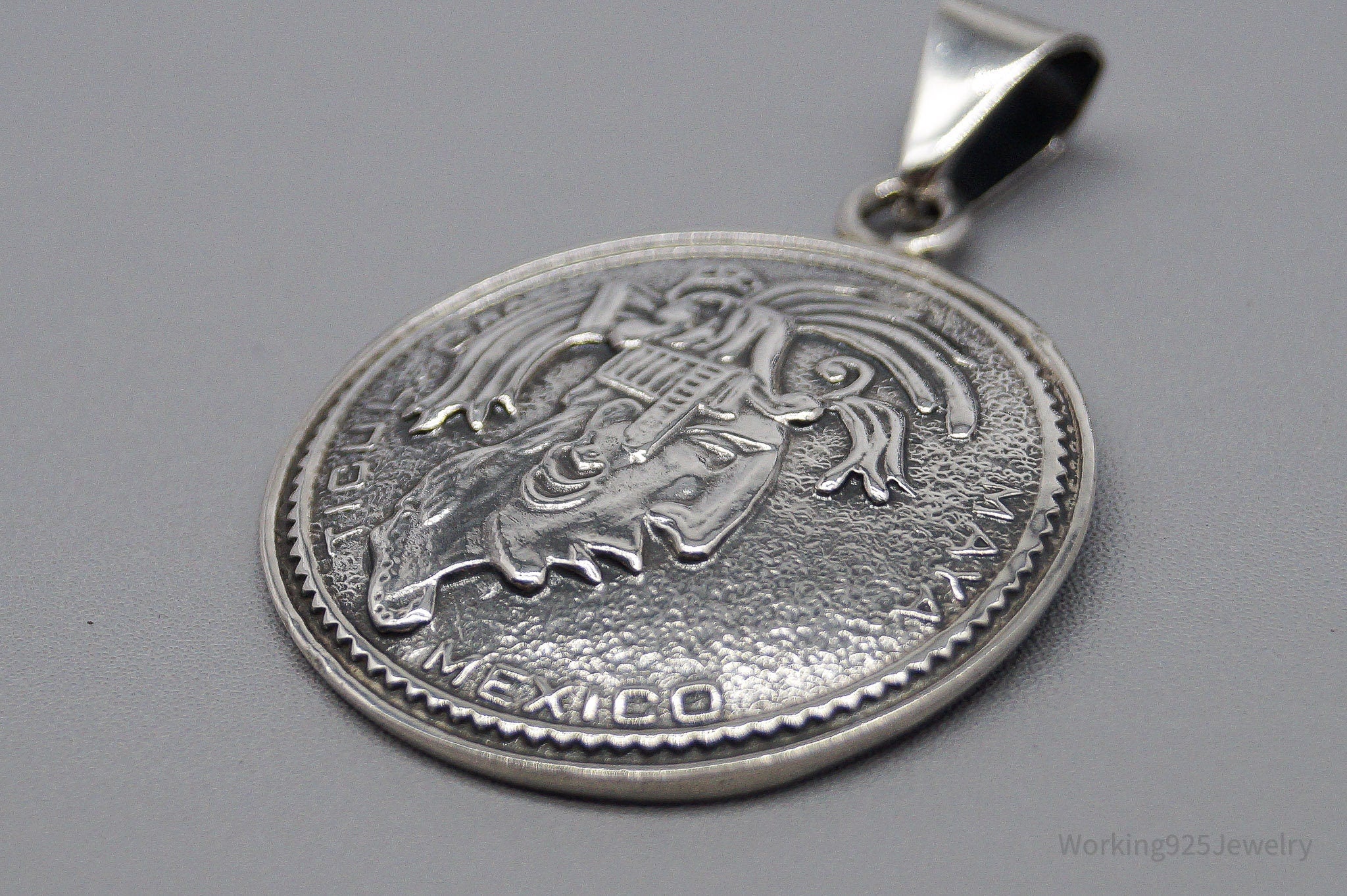 Large Vintage Mexico Mayan Warrior Sterling Silver Pendant