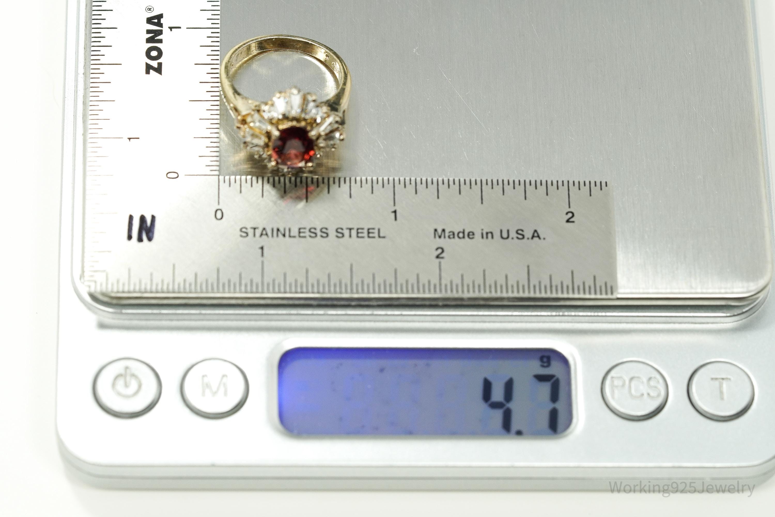 Vintage Garnet & Cubic Zirconia Gold Over Sterling Silver Ring Size 5.75