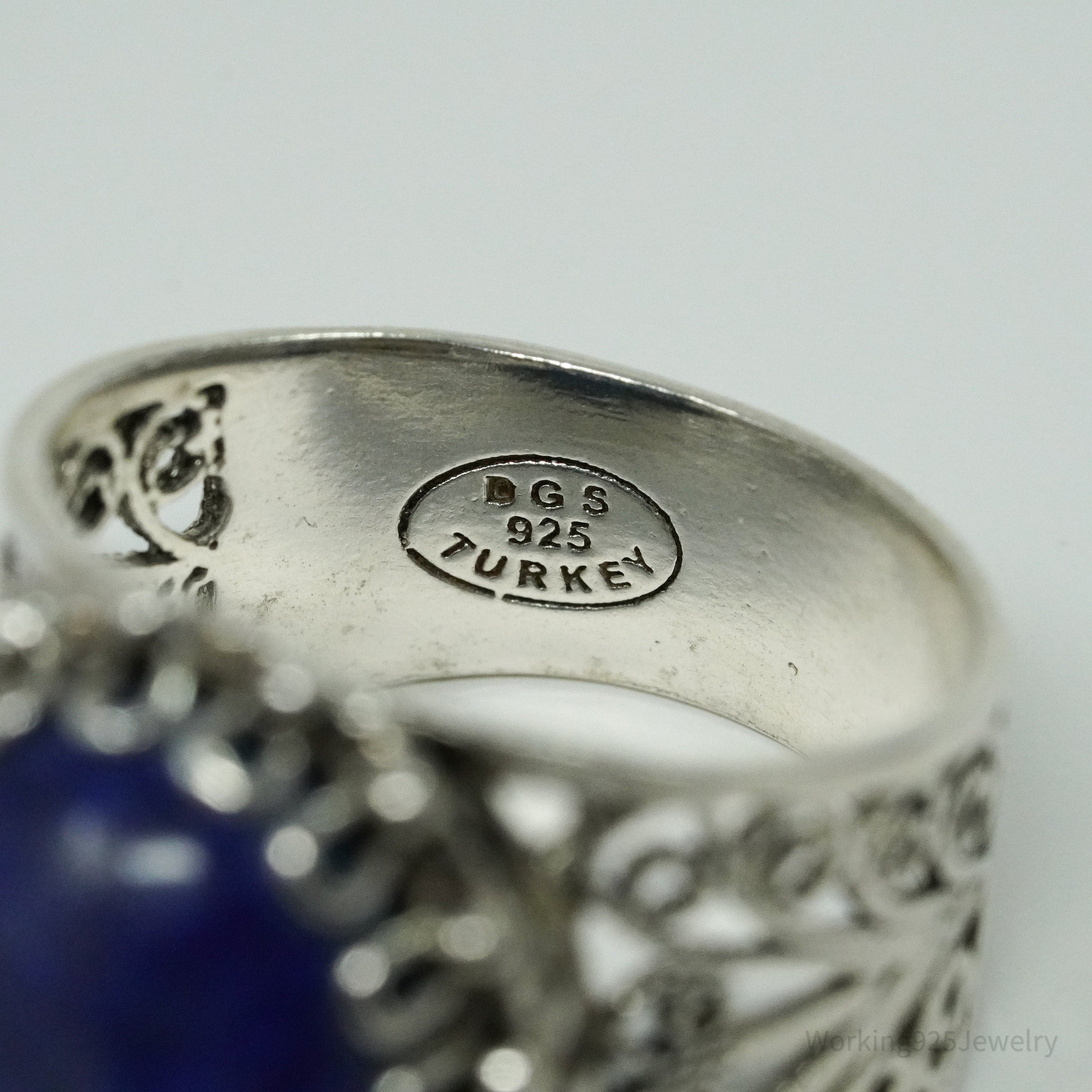 Vintage Designer DGS Lapis Lazuli Filigree Sterling Silver Ring - Size 9