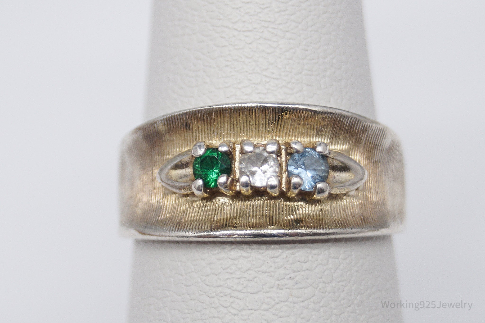Vintage Green White & Blue Topaz Sterling Silver Band Ring - Size 6