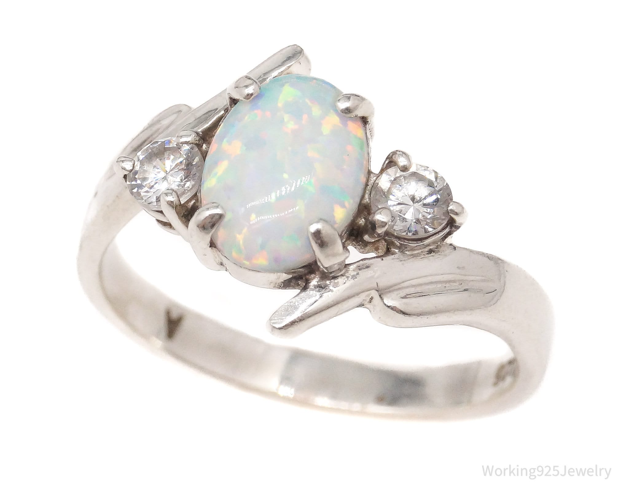 Vintage Opal Cubic Zirconia Sterling Silver Ring - Size 6.25