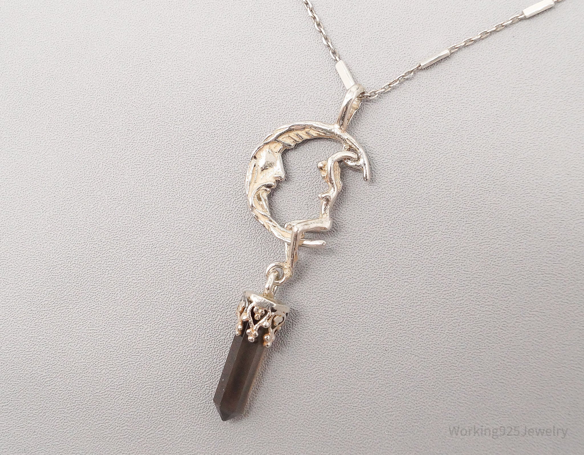 Vintage Woman & Moon Smoky Topaz Sterling Silver Necklace