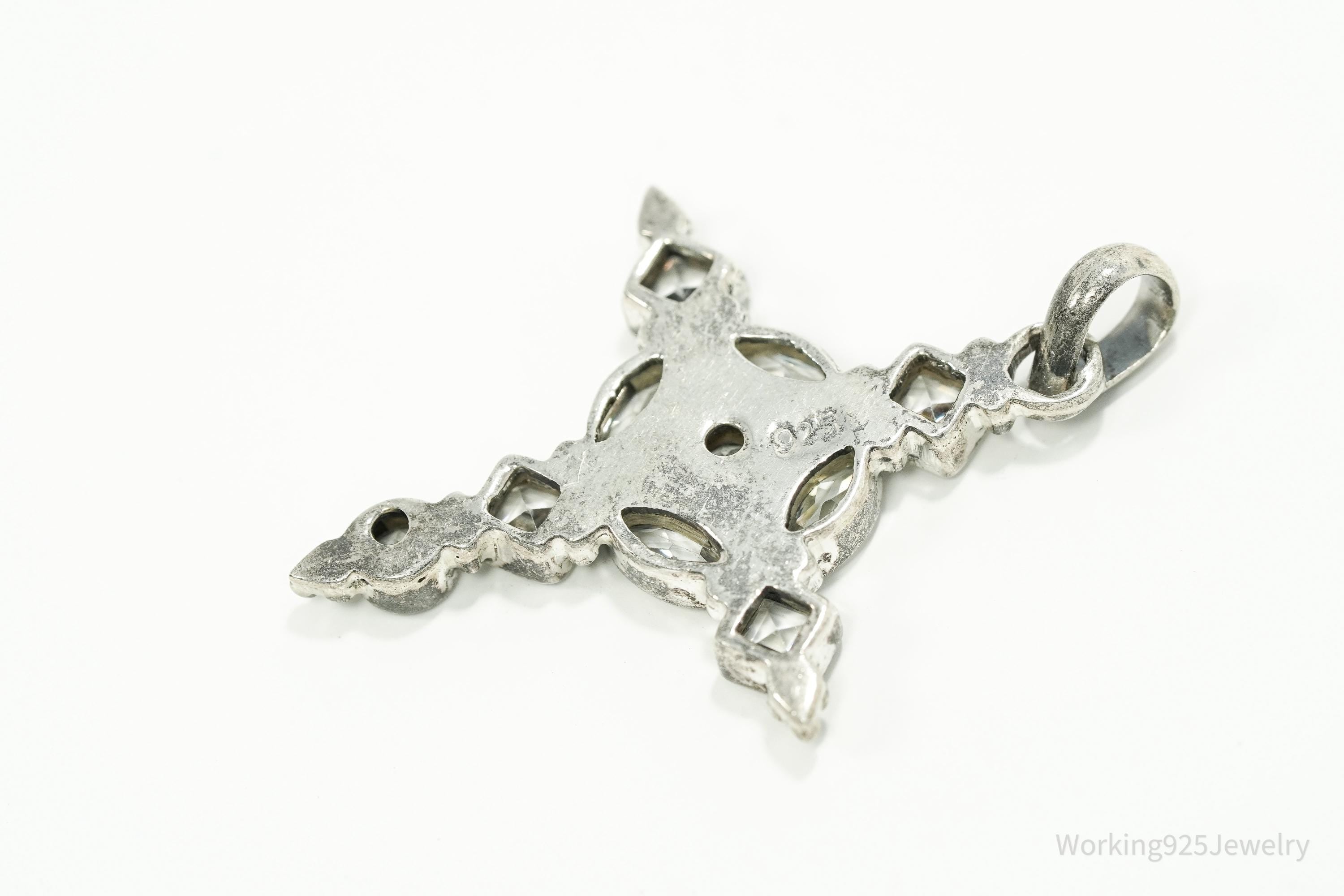 Large Vintage Cubic Zirconia Cross Sterling Silver Necklace Pendant 2"