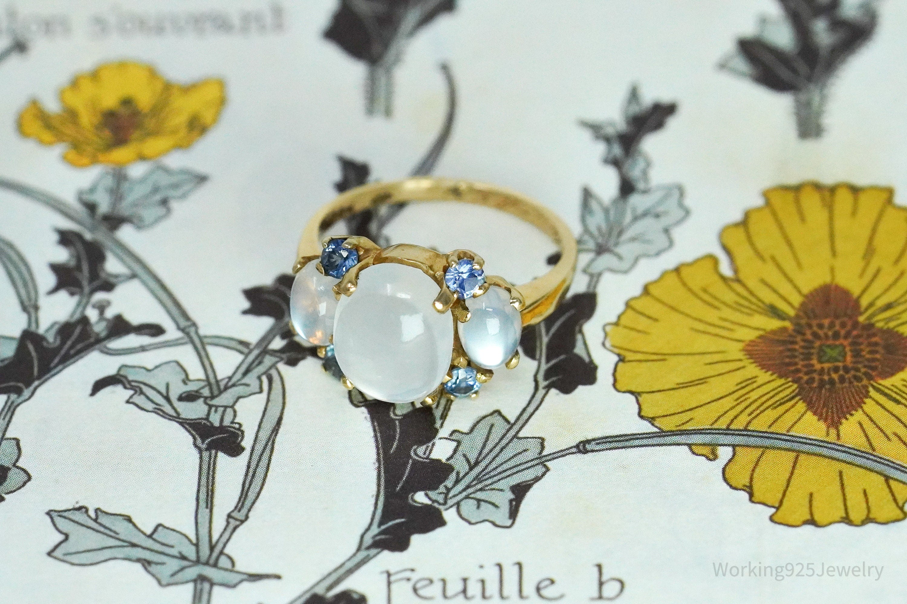 14K Yellow Gold Moonstone & Sapphire Cocktail Ring - Size 5 1/2