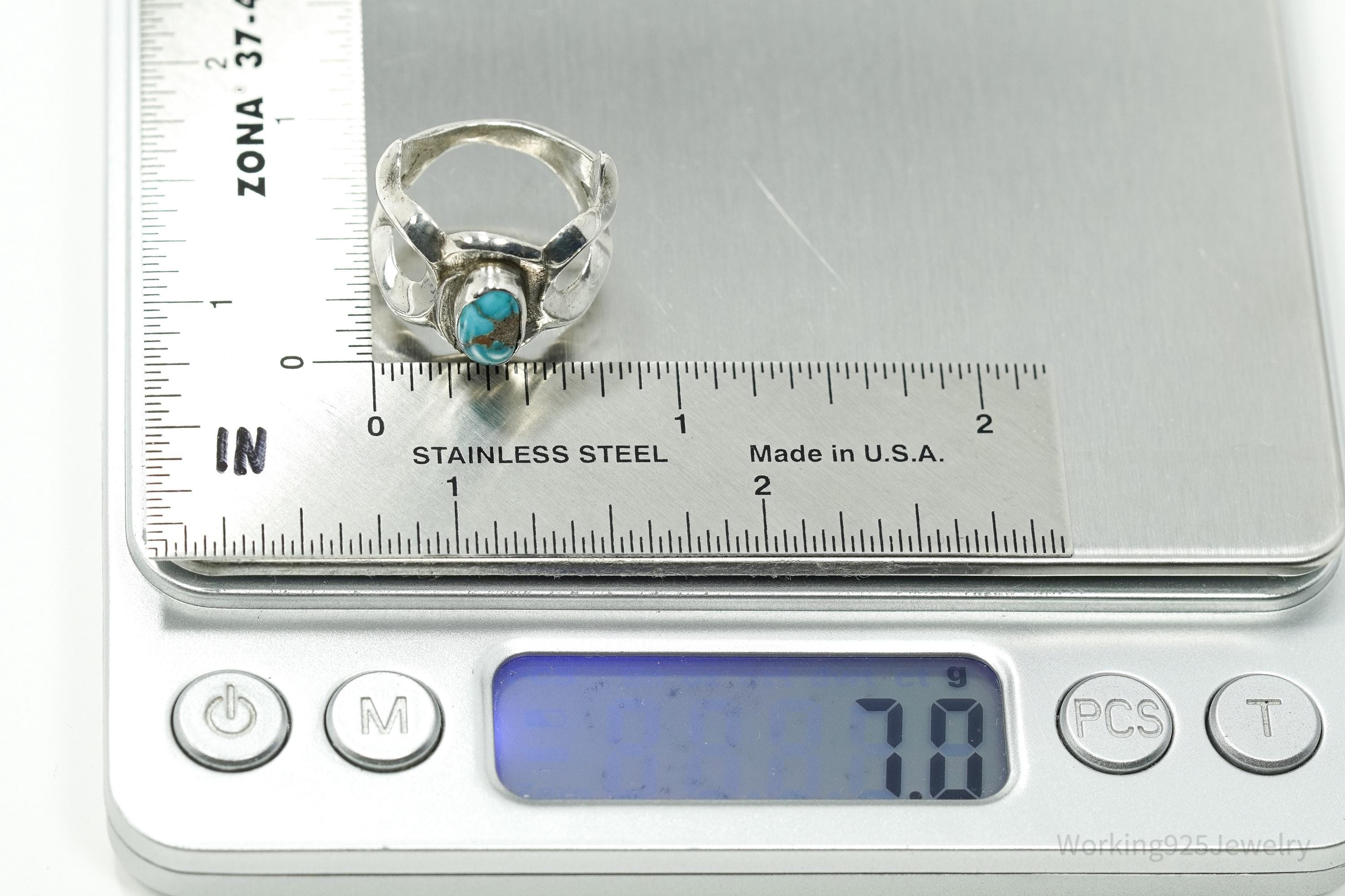 Vintage Handmade Native American Turquoise Unsigned Silver Ring - Size 5.5