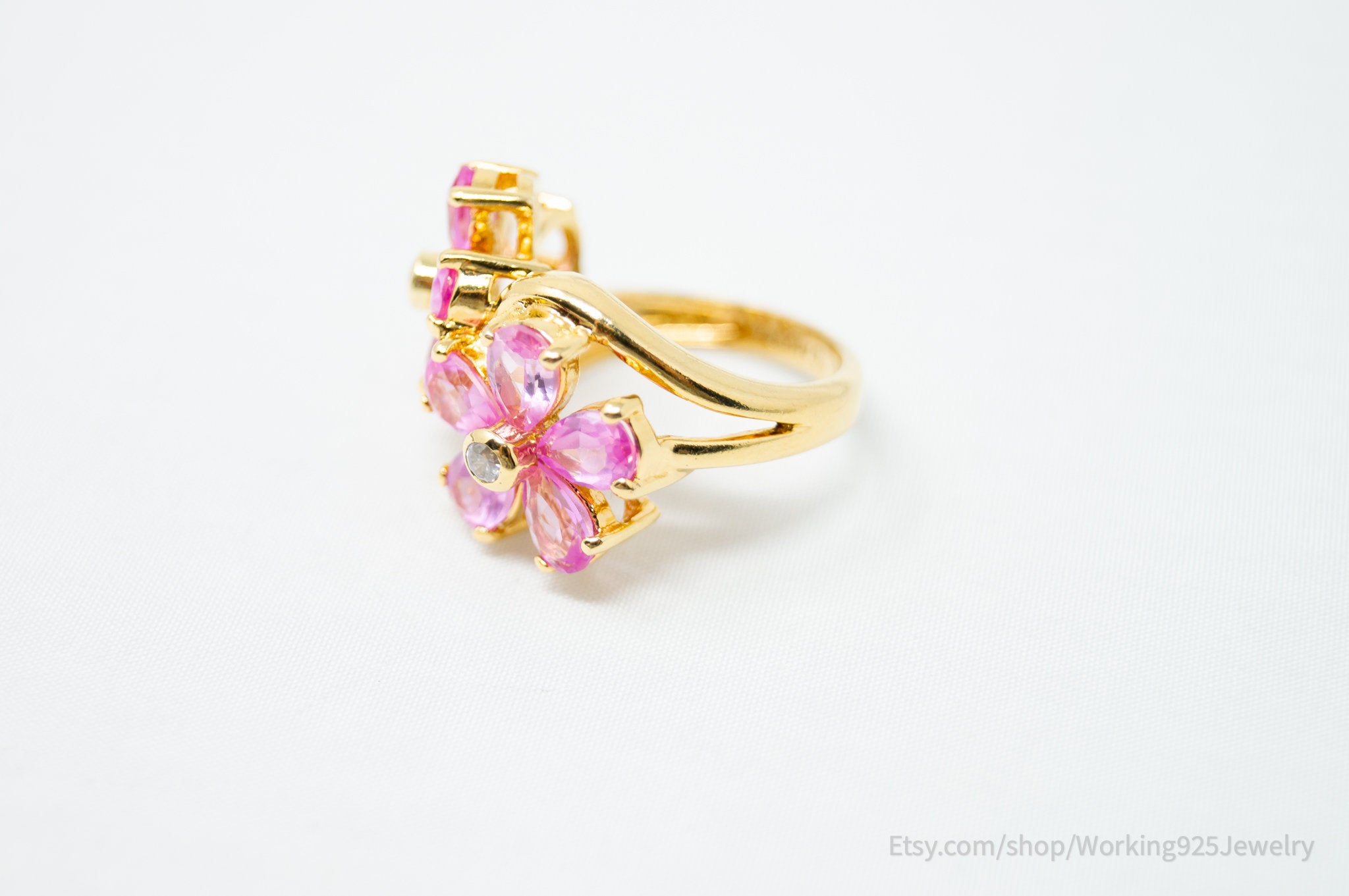 Vintage Pink Topaz Gold Vermeil CZ Statement Ring Sterling Silver - Size 5.75