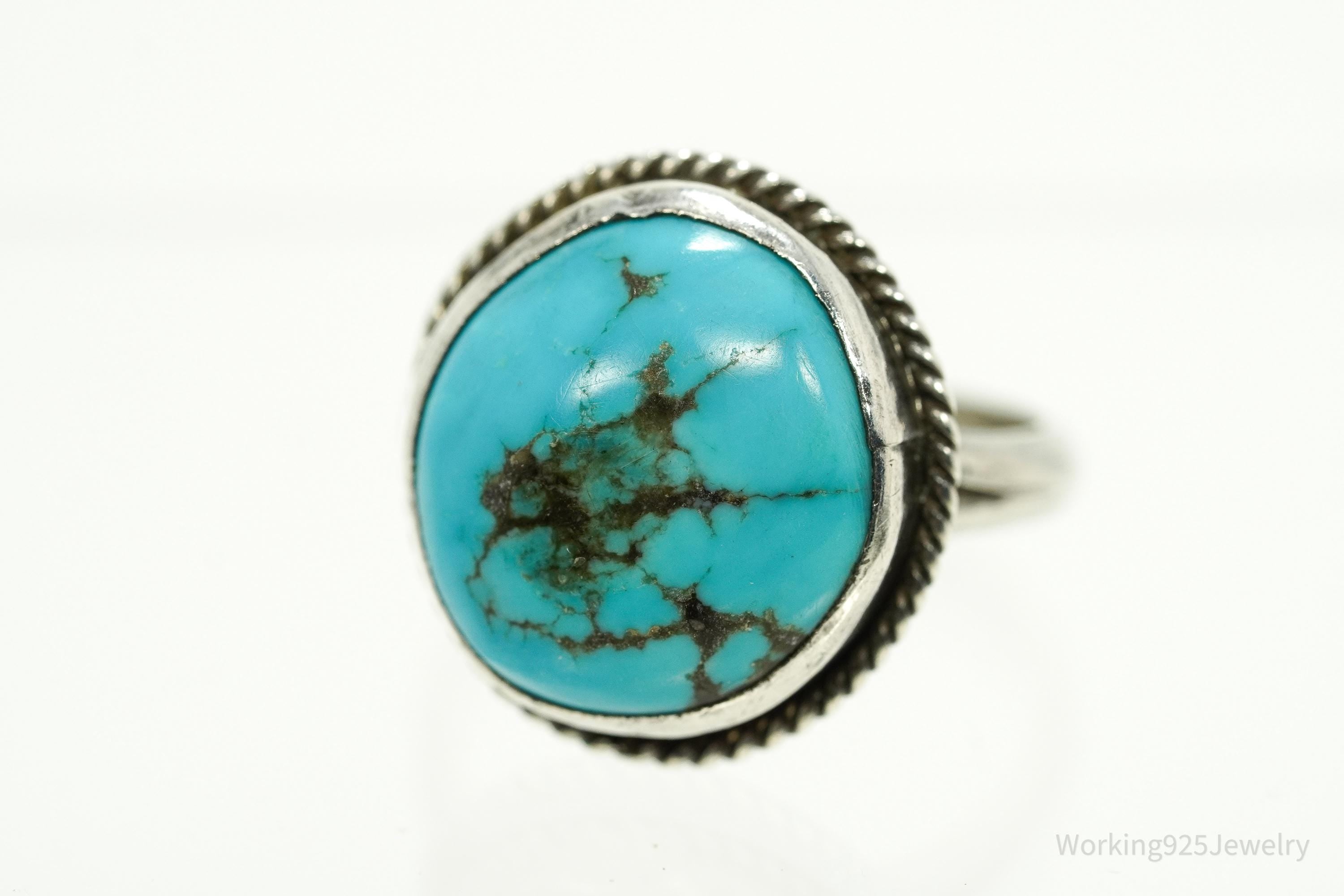 Vintage Handmade Native American Turquoise Unsigned Silver Ring - Size 10.25