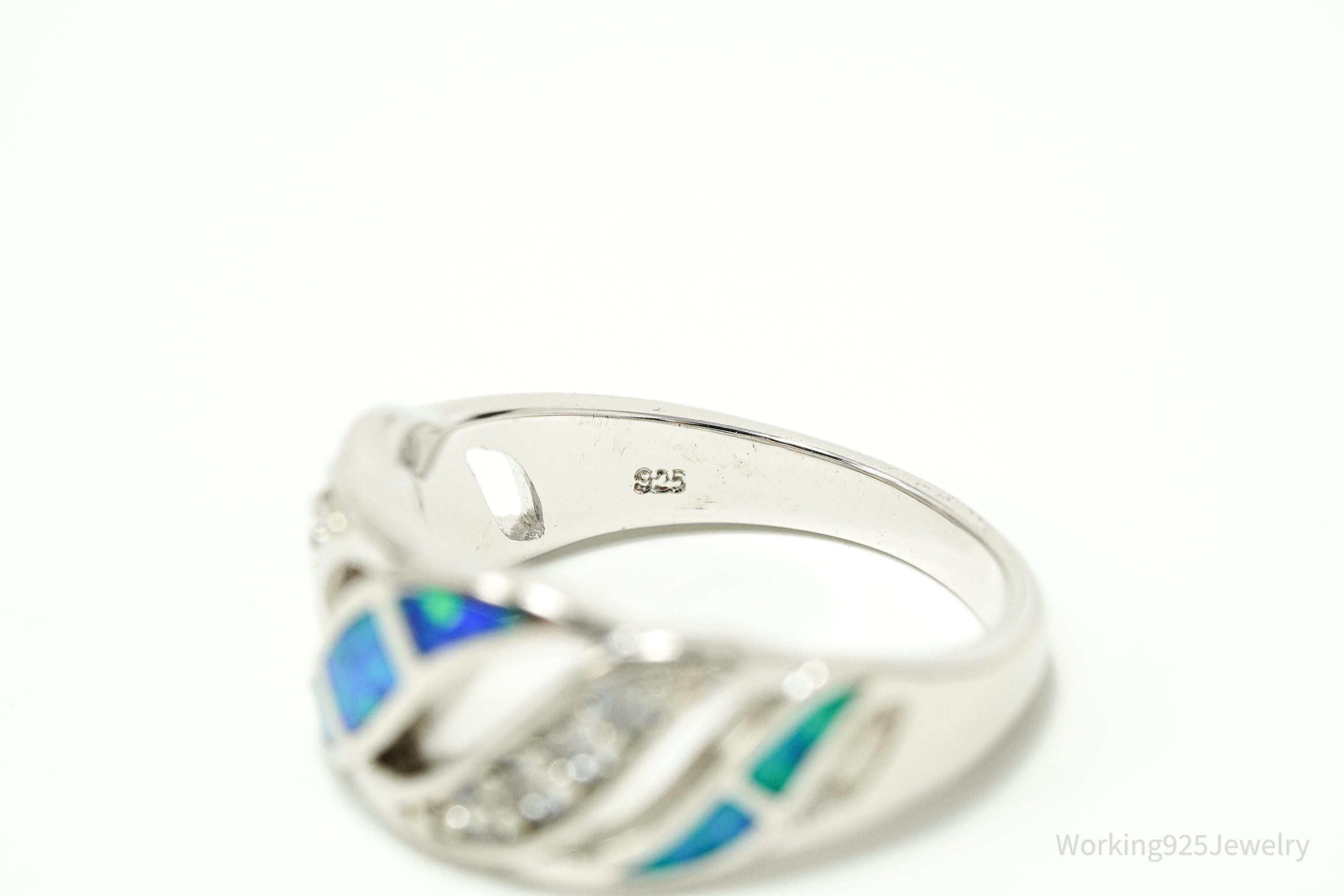 Vintage Cubic Zirconia & Opal Inlay Sterling Silver Ring - Size 8.5