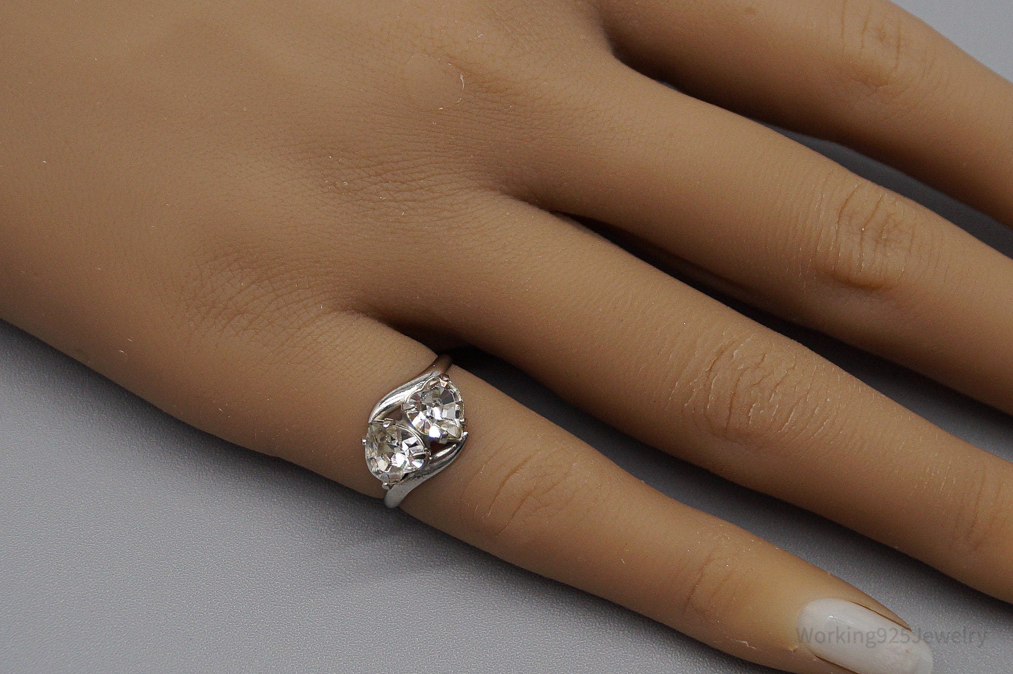 Vintage 1950s McGrath Hamin Rhinestone Hearts Sterling Silver Ring - Size 4.25