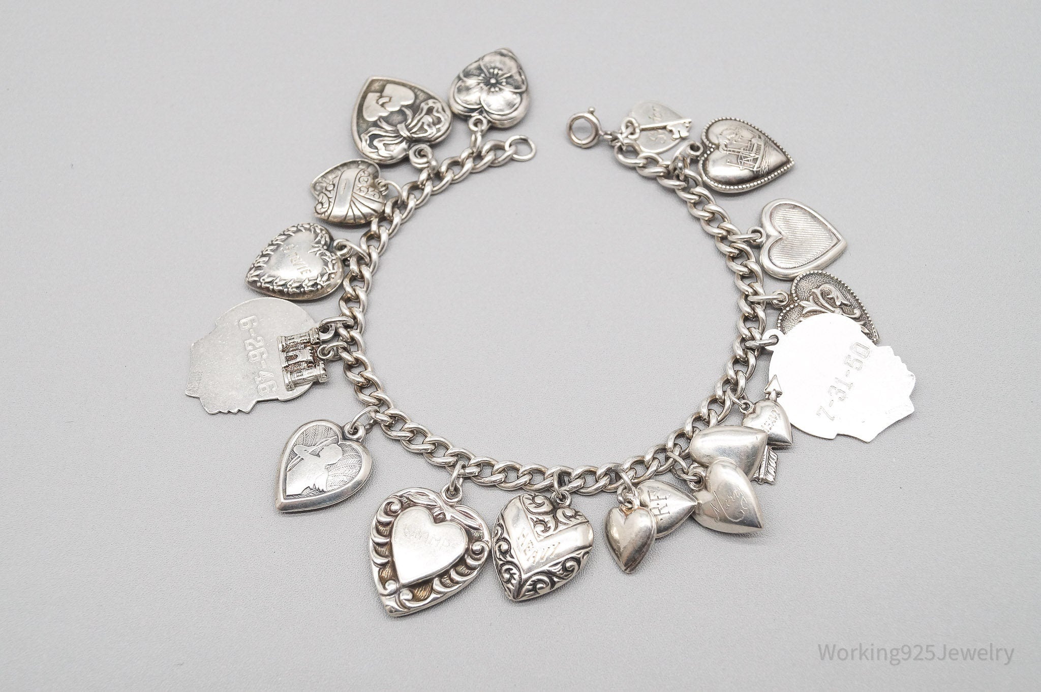 Antique Vintage Puffy Hearts Charms Sterling Silver Charm Bracelet