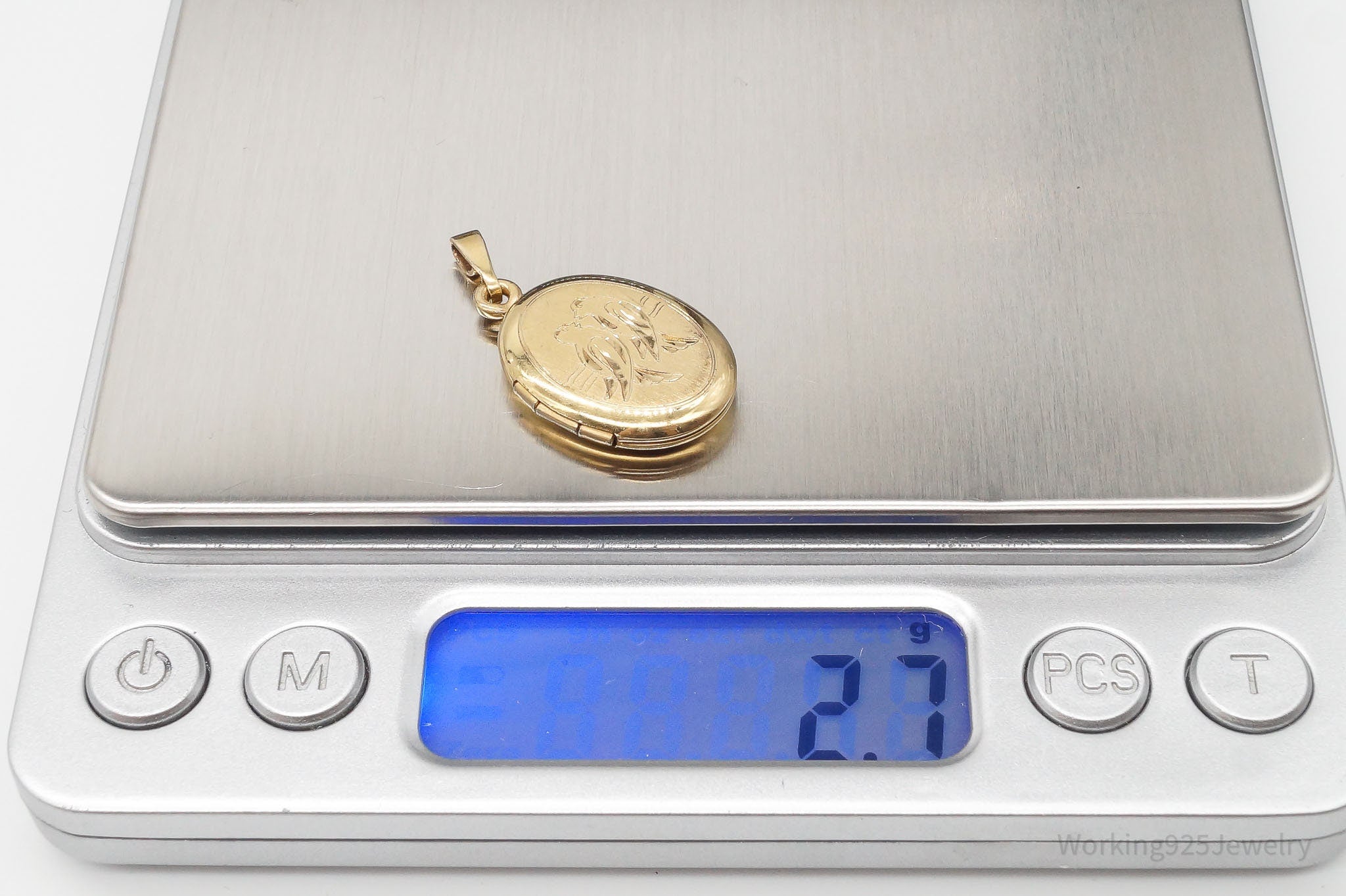 Large Vintage Floral Etched Gold Vermeil Sterling Silver Locket Pendant