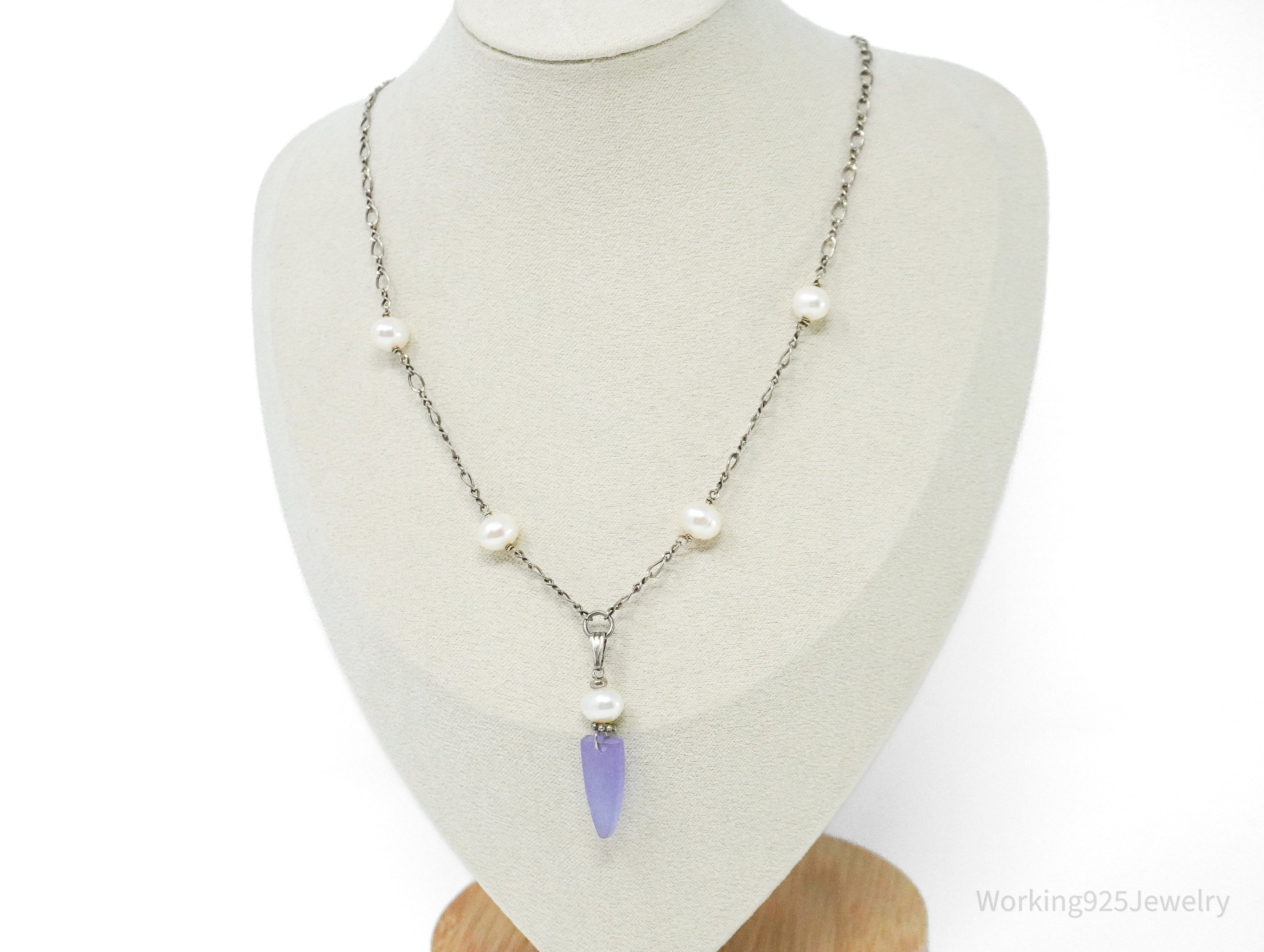 Vintage Pearl & Purple Stone Sterling Silver Necklace 18"