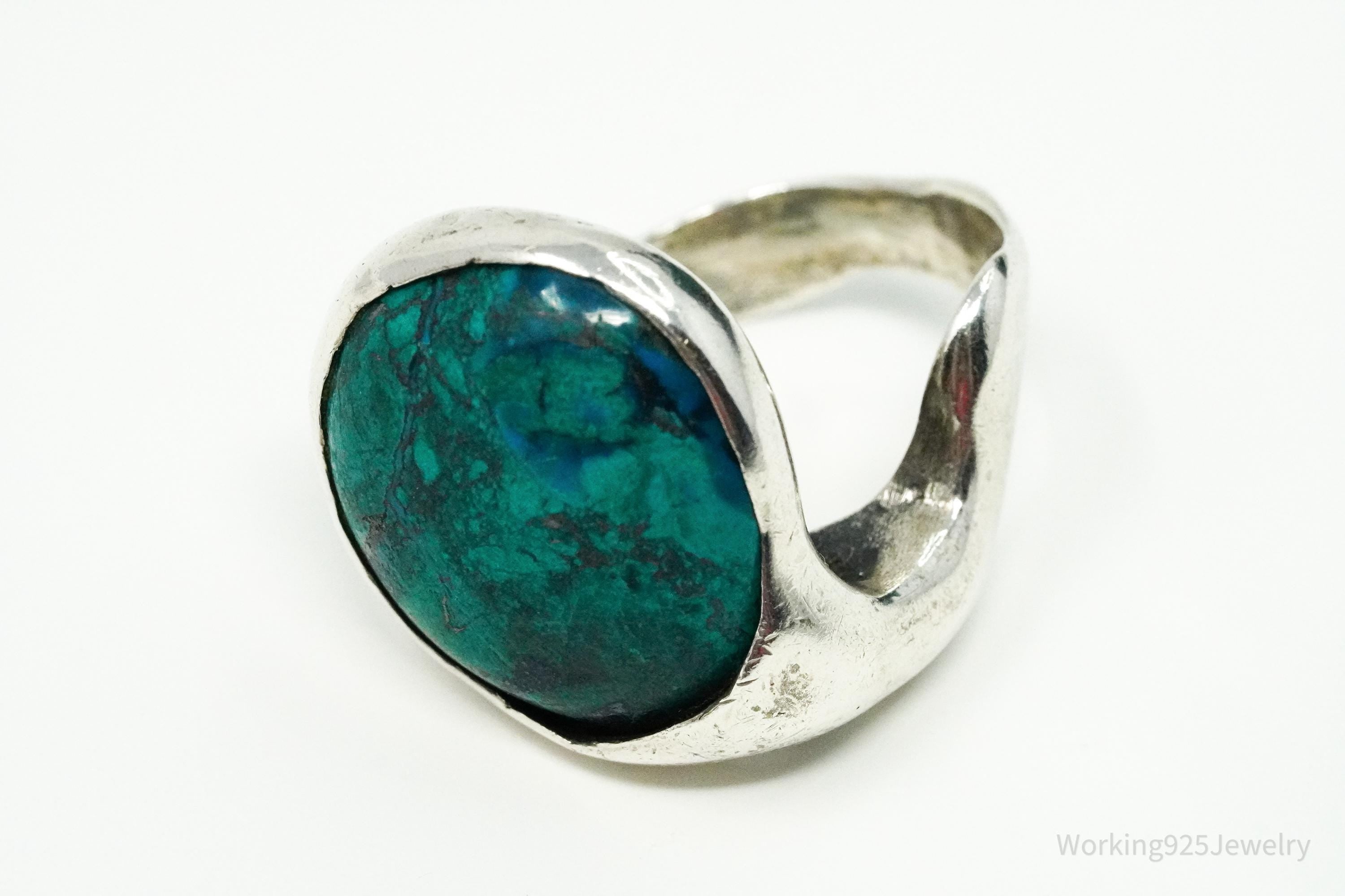 Vintage Azurite Malachite Modernist Style Silver Ring - Size 6.5