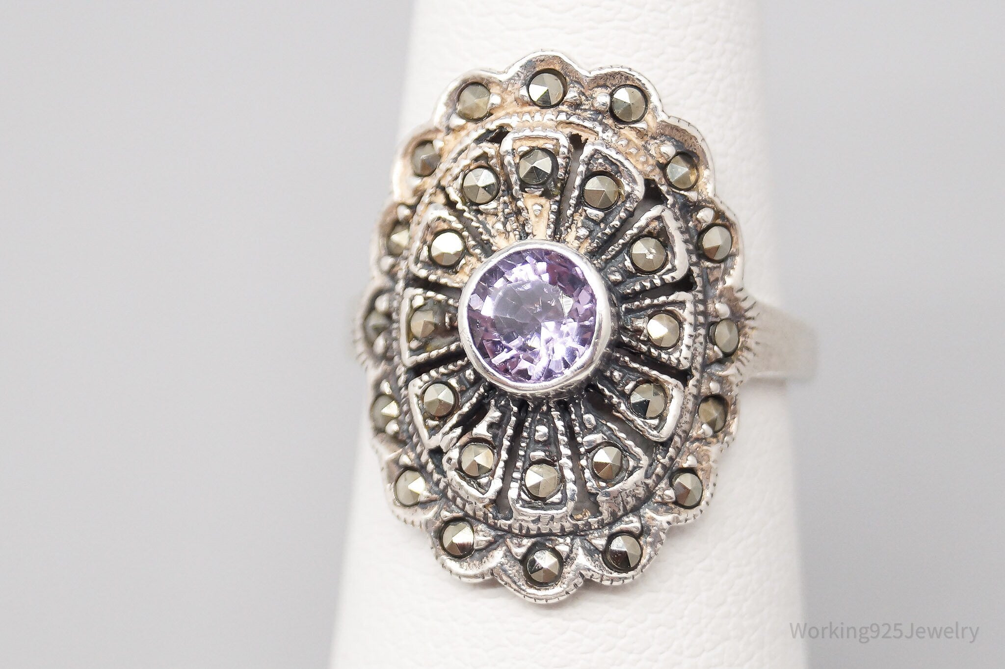 Vintage Amethyst Marcasite Sterling Silver Ring - Size 5.75