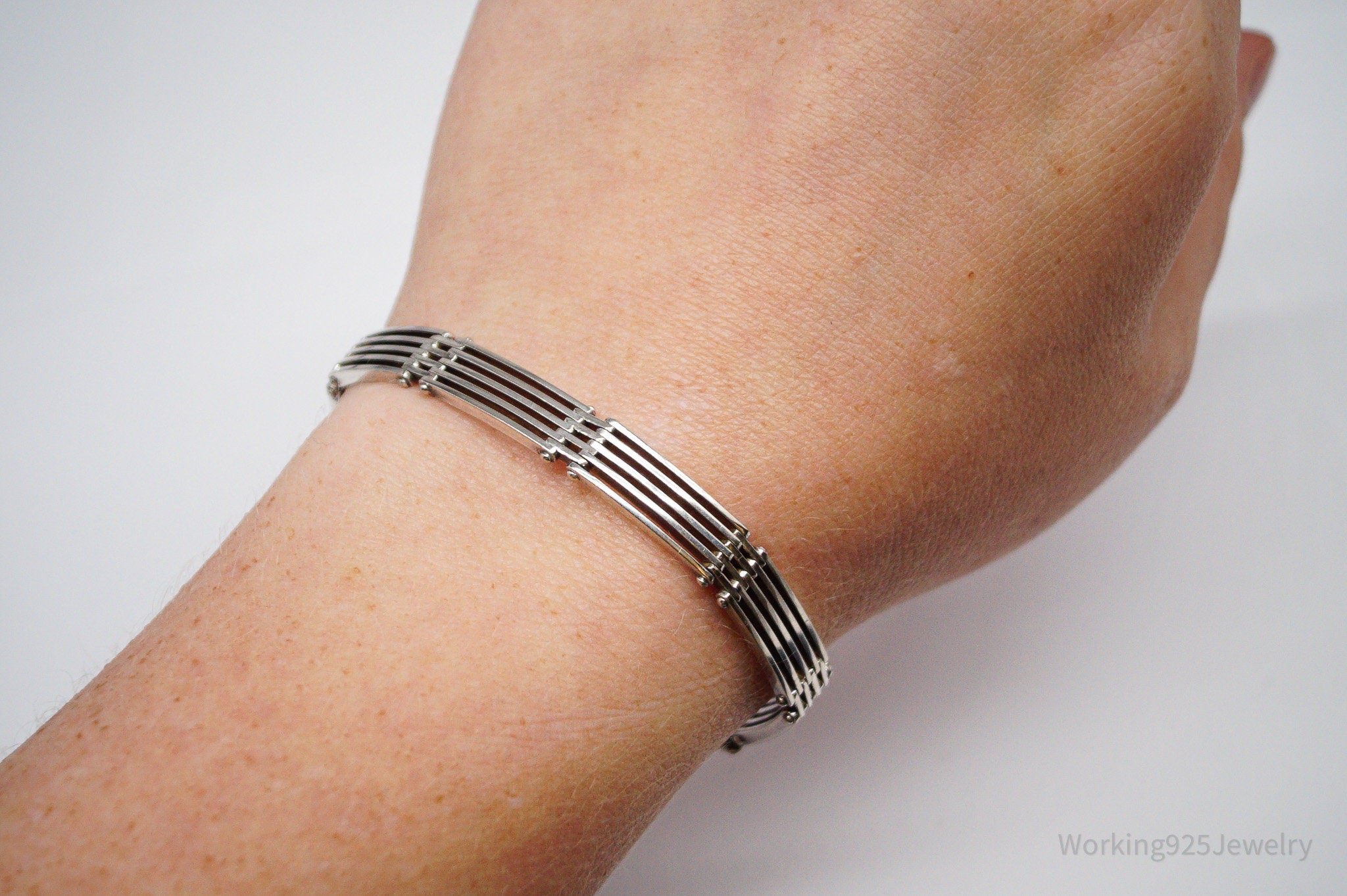 Vintage Italian Sterling Silver Bar Link Hinge Bracelet - 7 3/16"