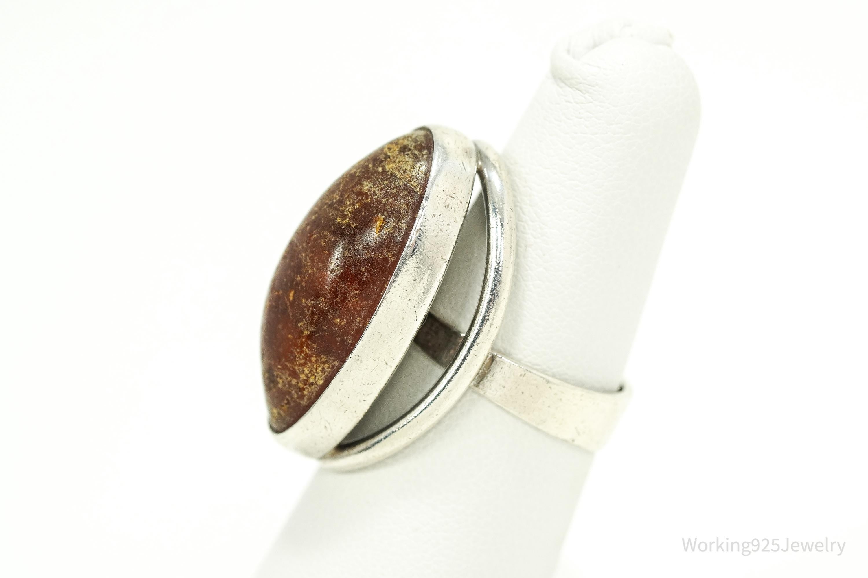 Rare Vintage 1950s Denmark Modernist Niels Erik Amber Sterling Silver Ring - Size 6.25