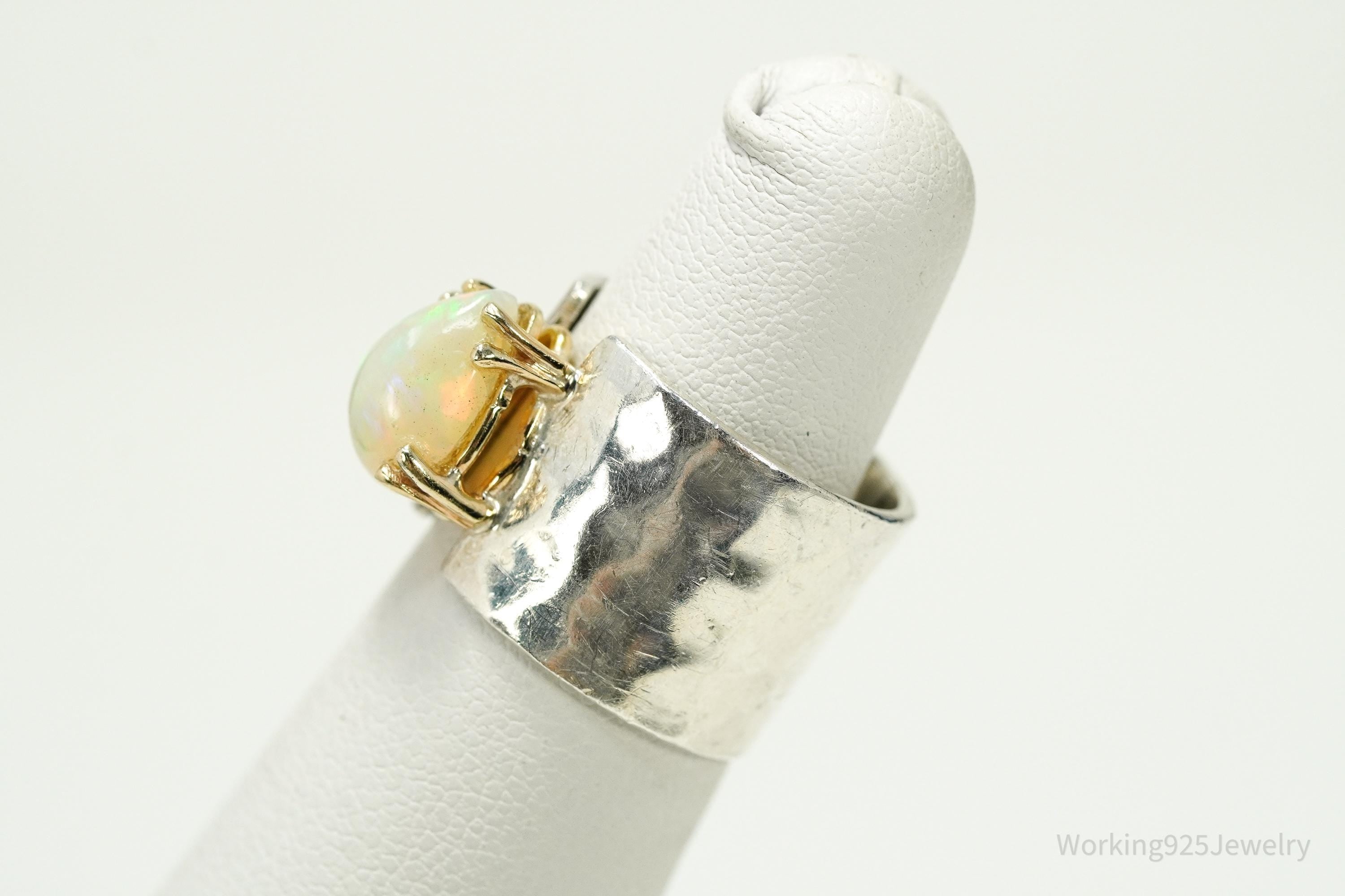 Vintage Opal Hammered Style Band Gold Vermeil Silver Ring - Size 5.5