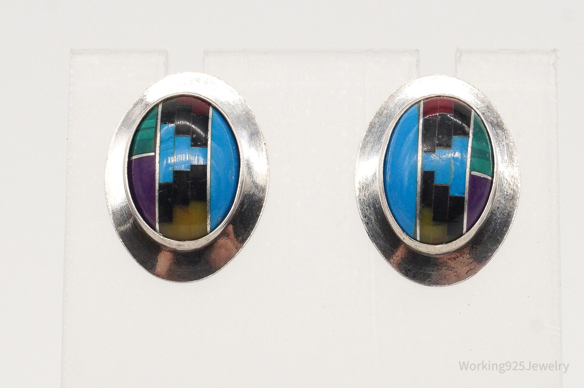 Vintage Native American Multi Gemstone Sterling Silver Earrings