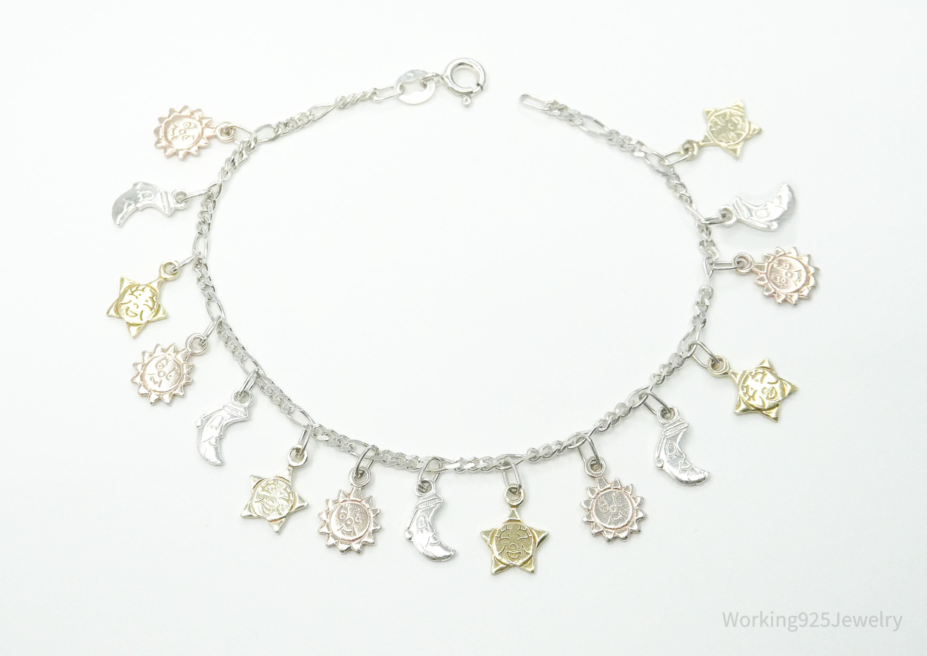 Vintage Suns Moons & Stars Charms Sterling Silver Multi Color Tone Bracelet - 7 1/8"
