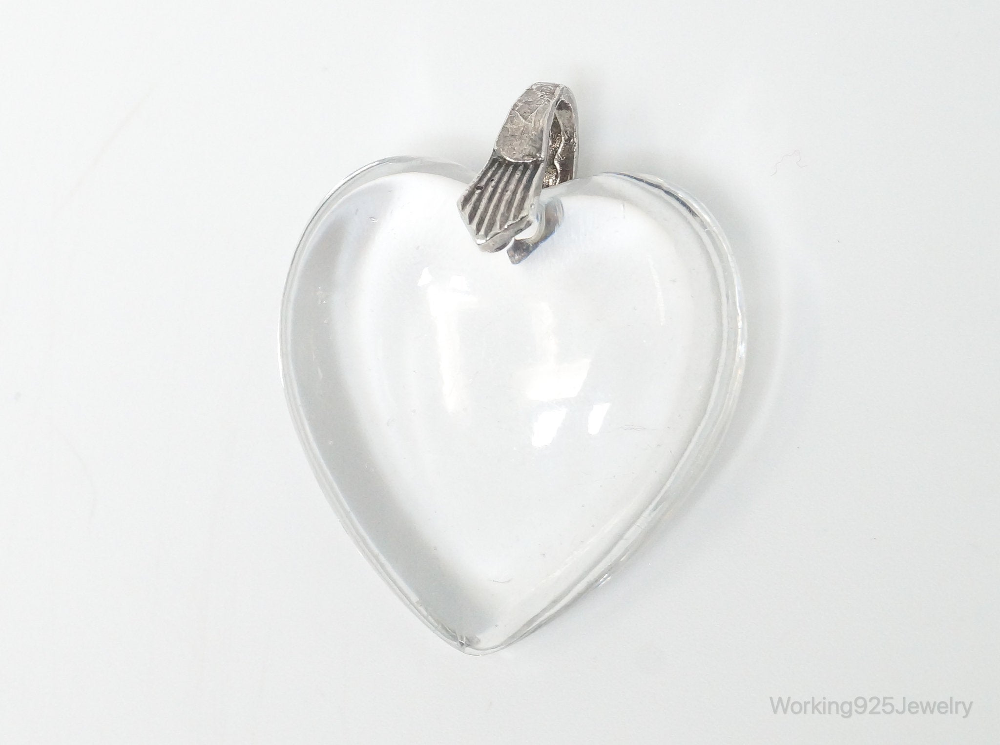 Vintage Large Glass Heart Sterling Silver Necklace Pendant