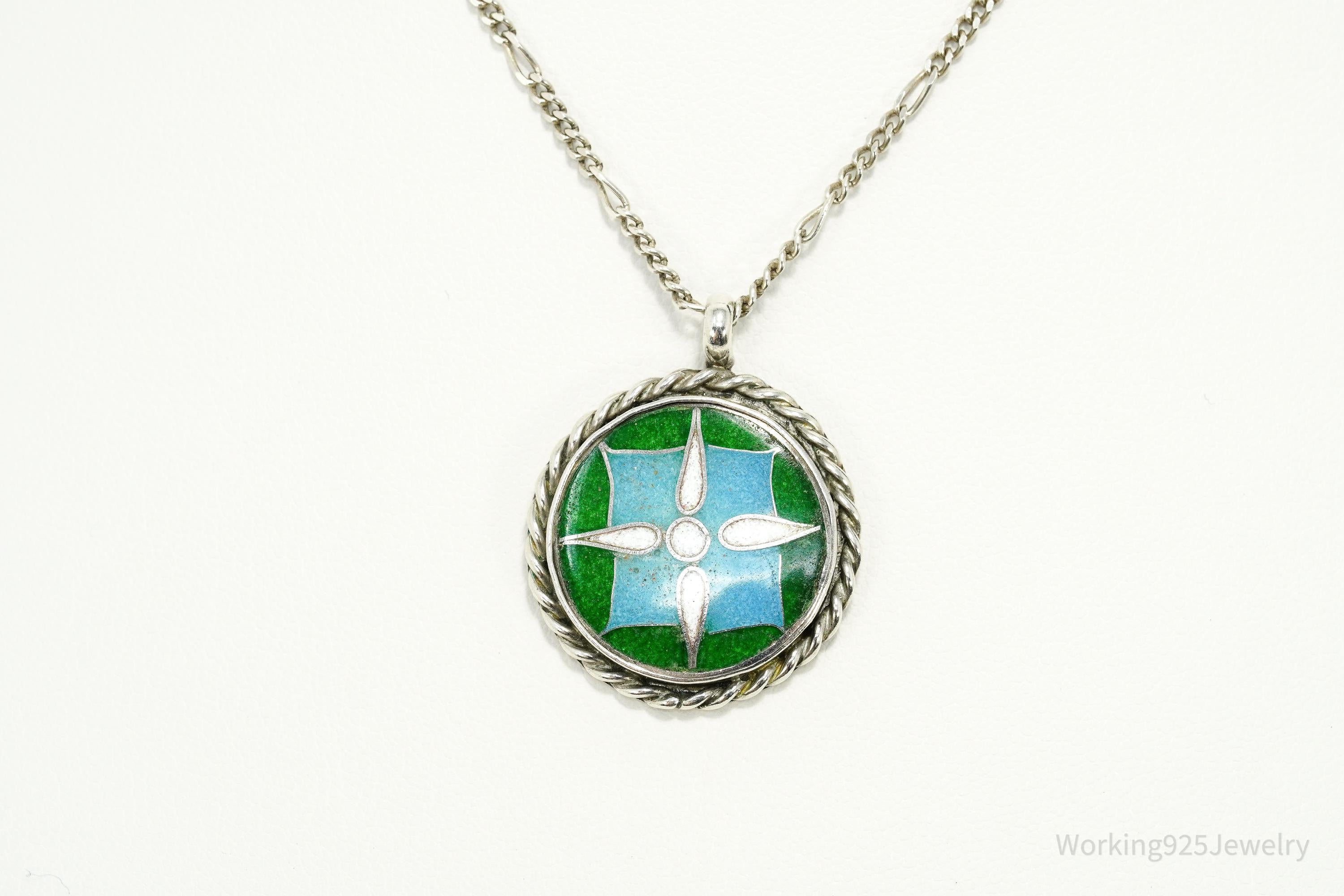 Vintage Green, Blue & White Enamel Inlay Sterling Silver Necklace 18"