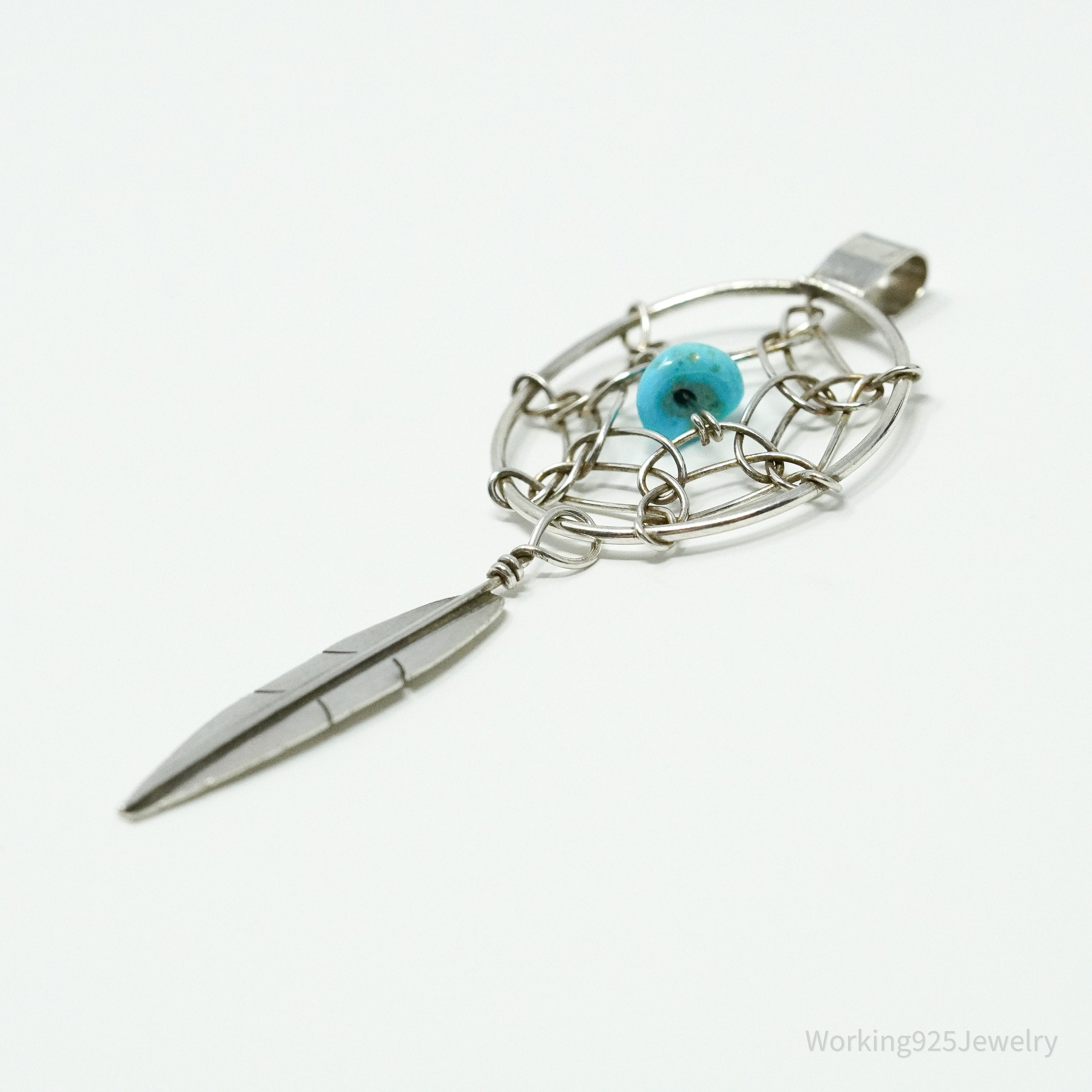 Vintage Native American Turquoise Dreamcatcher Silver Pendant