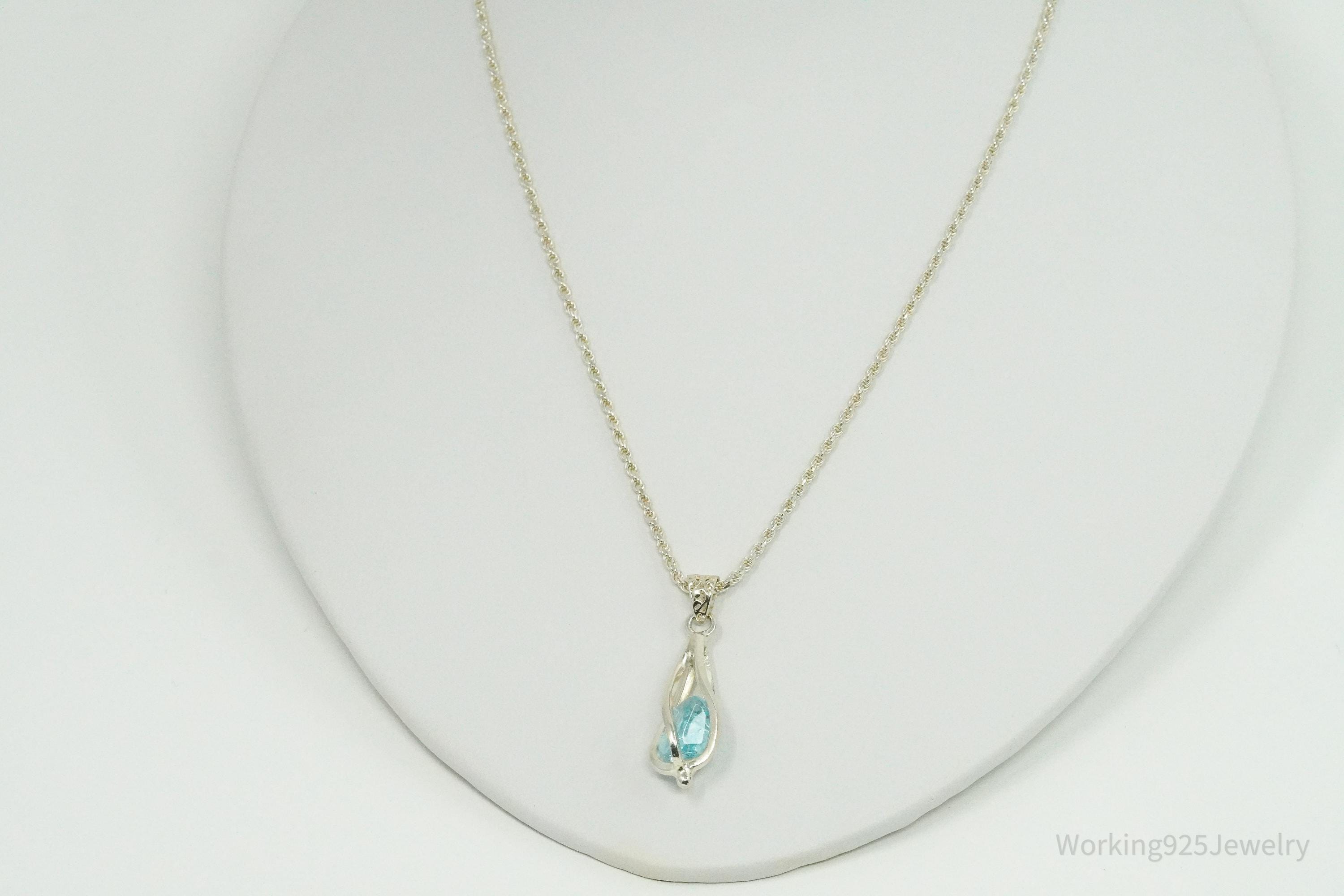 Vintage Caged Blue Stone Sterling Silver Necklace 18"