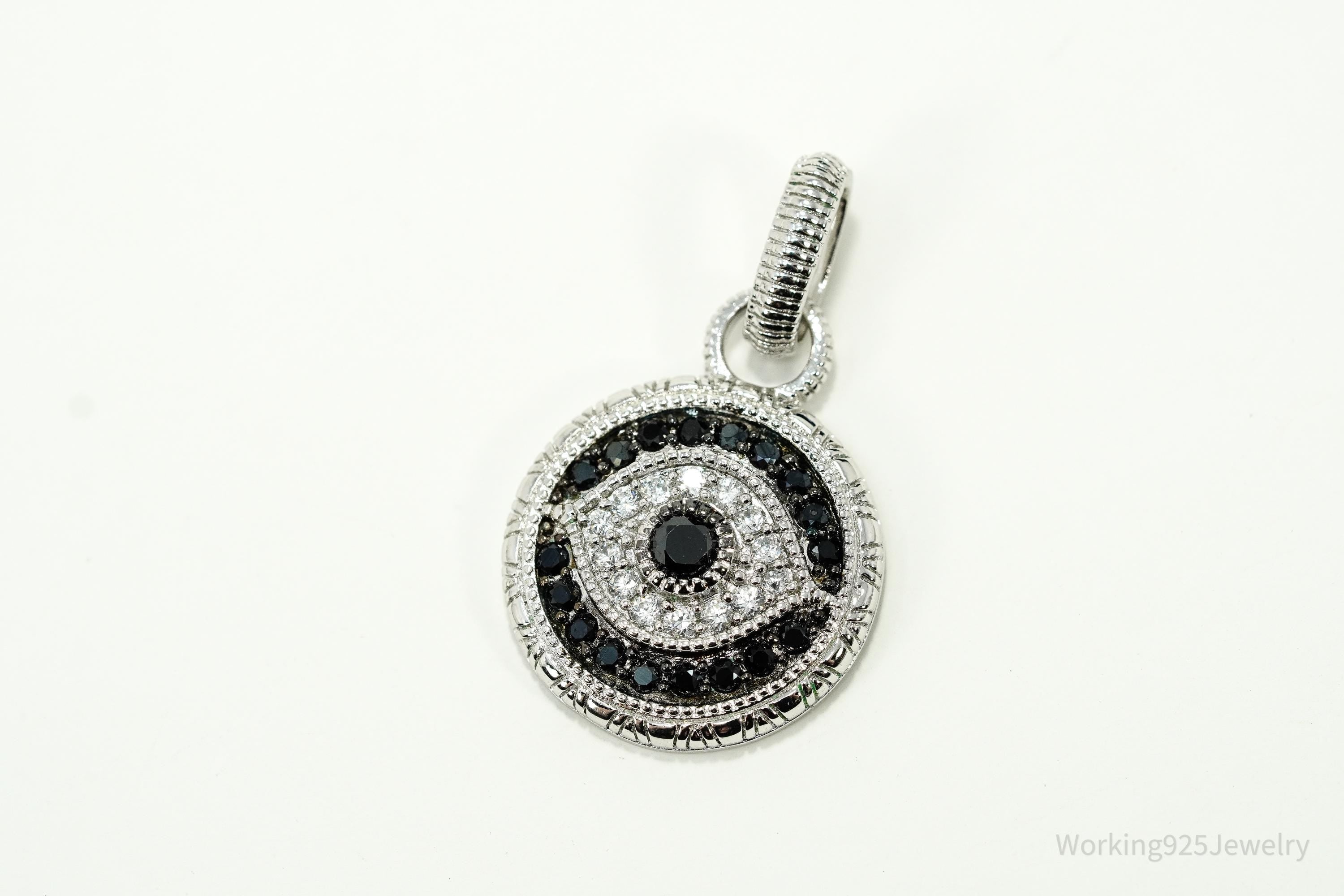 Vintage Pave Black Spinel & Cubic Zirconia Evil Eye Sterling Silver Charm Pendant