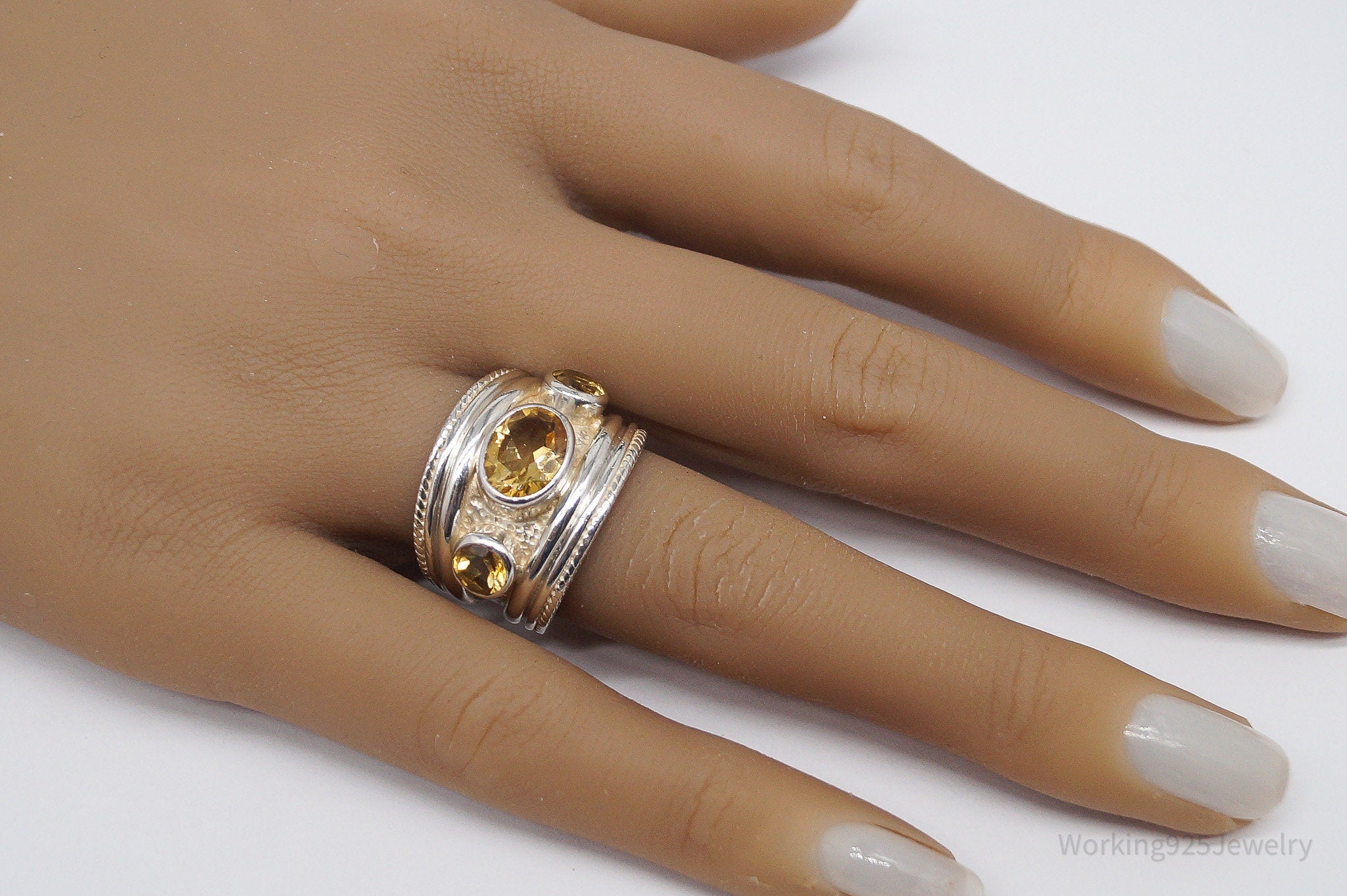 Vintage SJ Citrine Sterling Silver Ring - Size 7.75