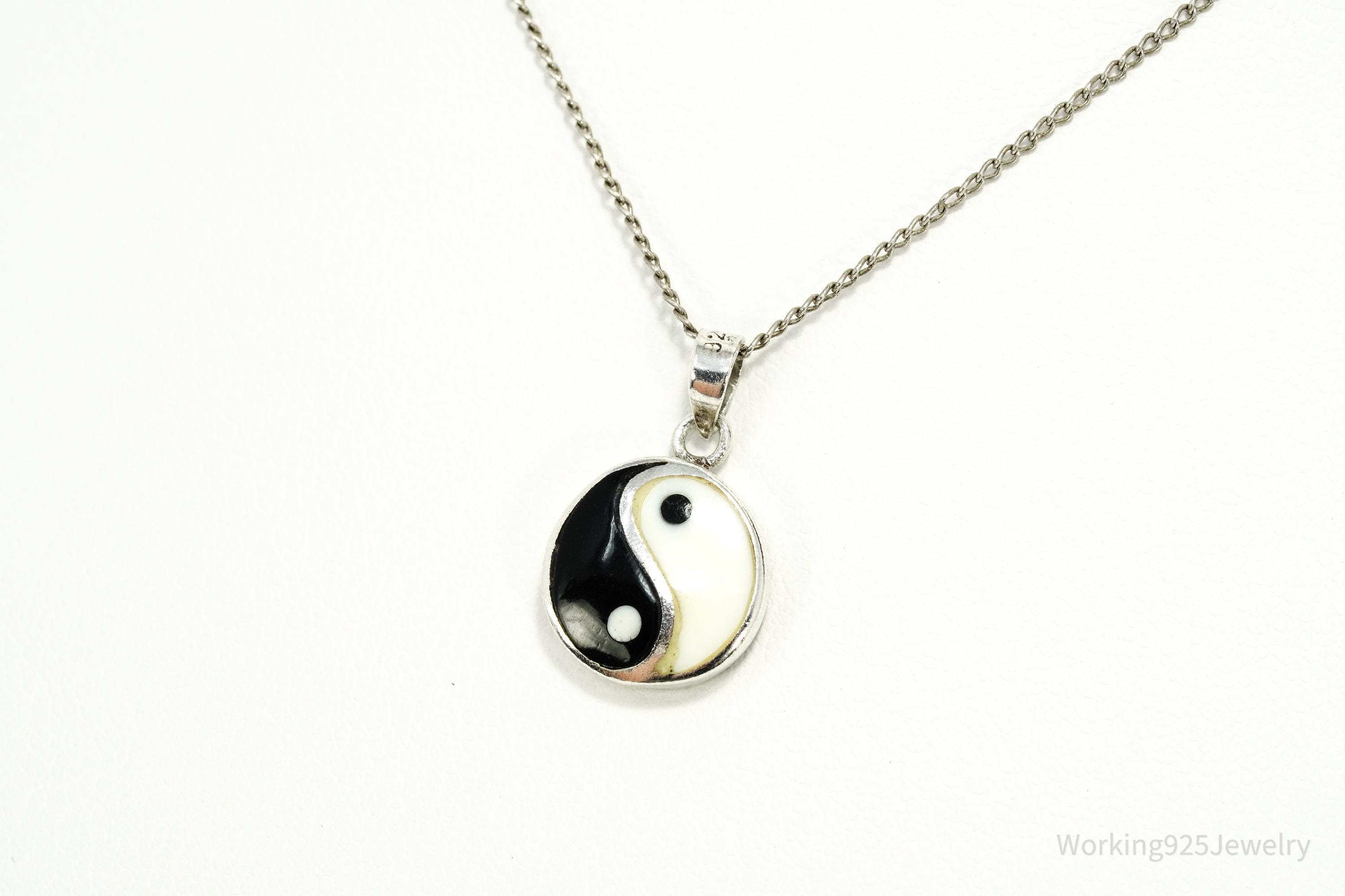 Vintage Black & White Onyx Inlay Yin Yang Sterling Silver Necklace 16"