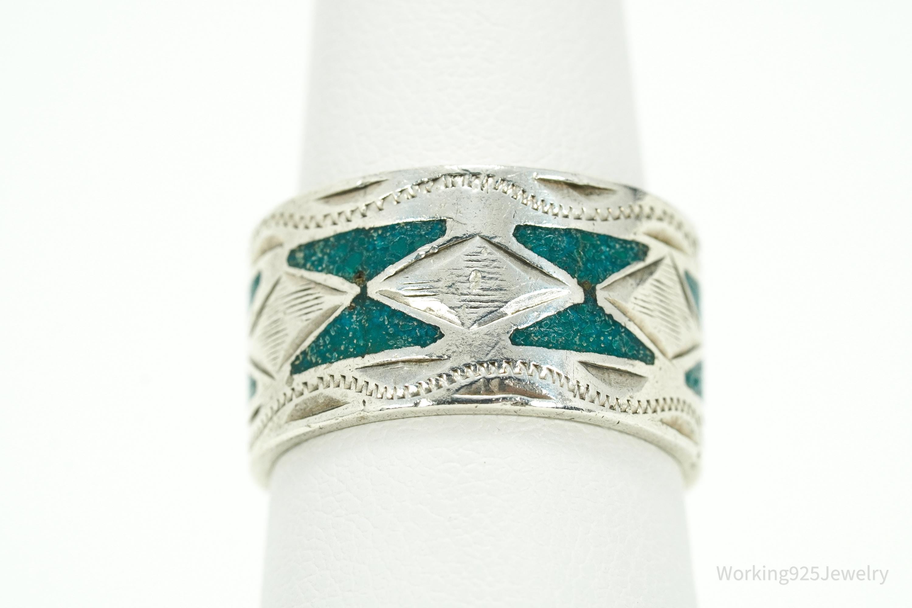 Vintage Mexico JGM Turquoise Inlay Sterling Silver Ring - Size 7.25