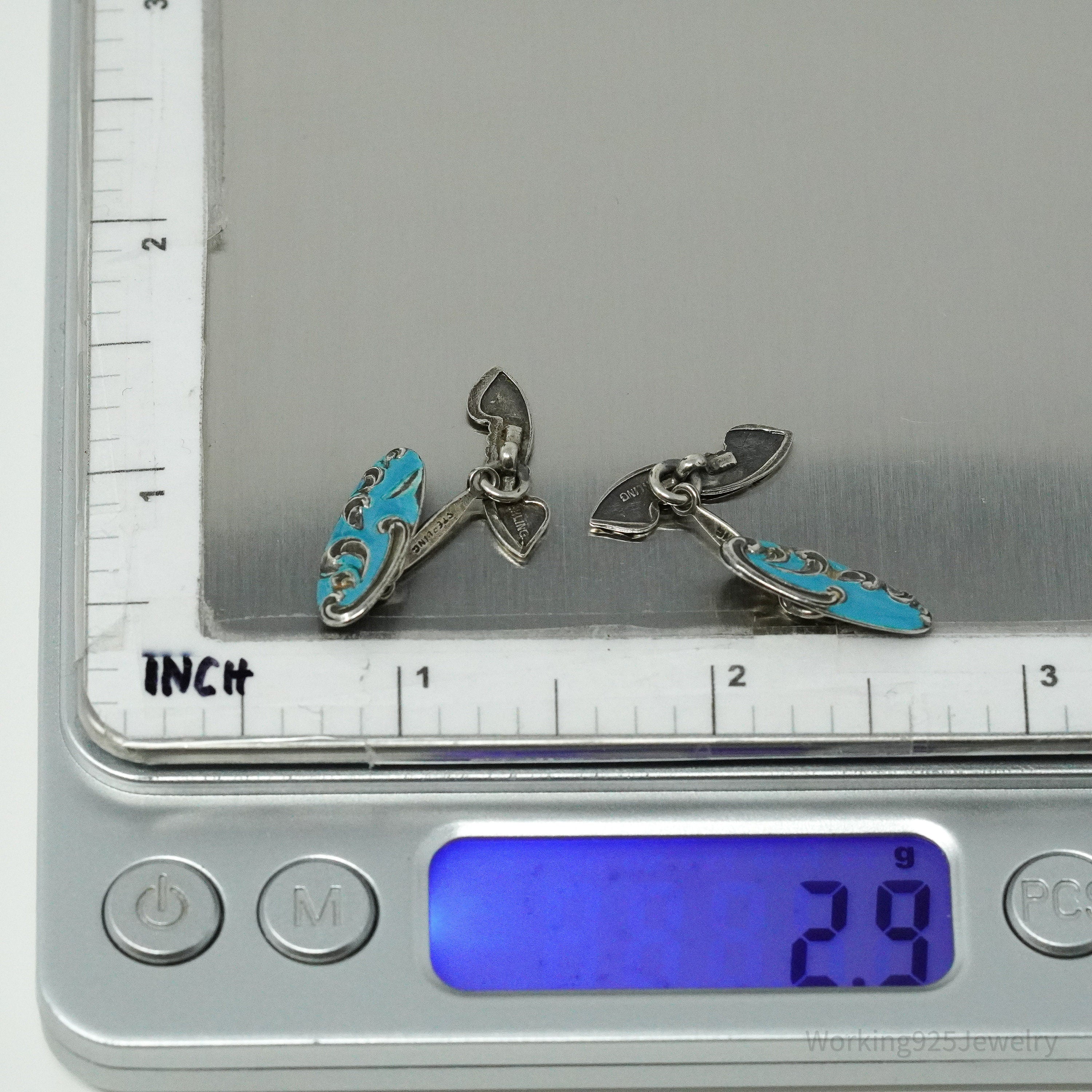 Antique Blue Enamel Sterling Silver Cufflinks