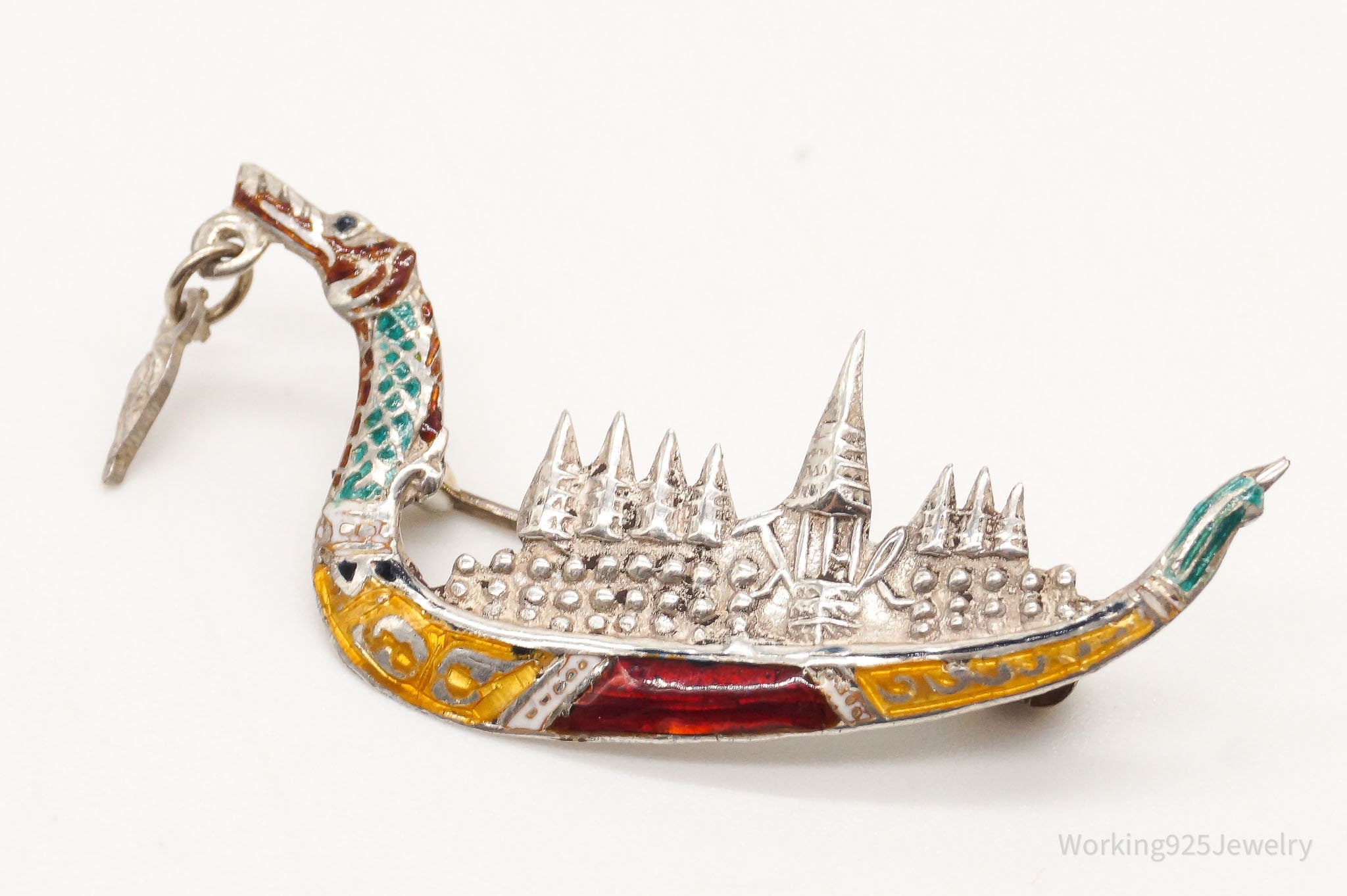 Vintage Siam Suphanahongse Viking Ship Enamel Sterling Silver Brooch