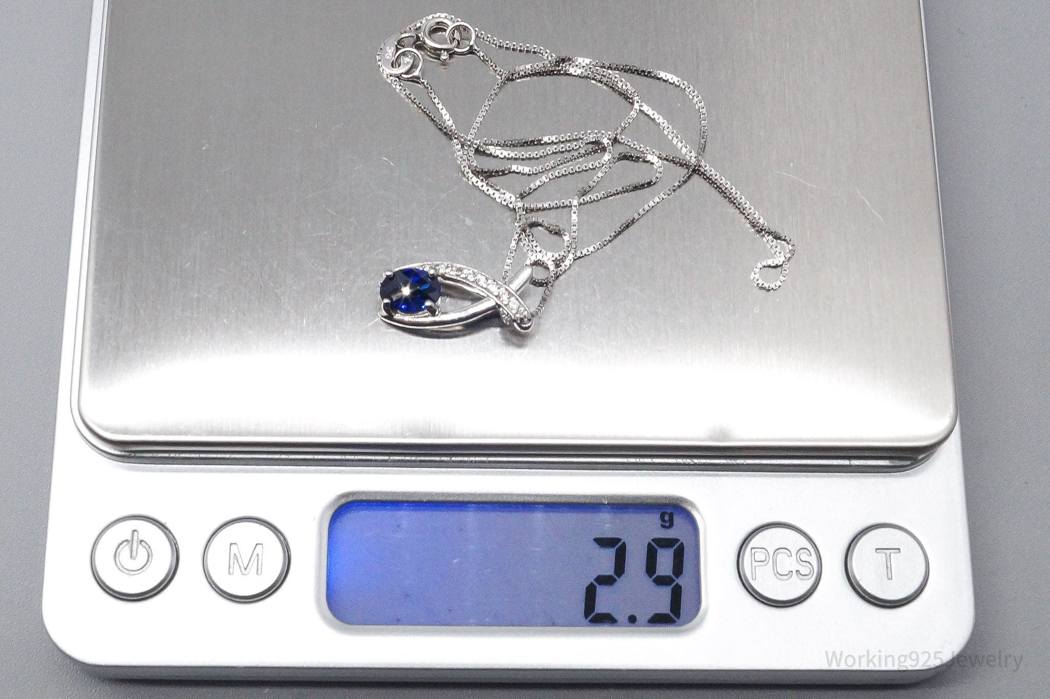 Vintage Lab Sapphire & Cubic Zirconia Sterling Silver Necklace 18"