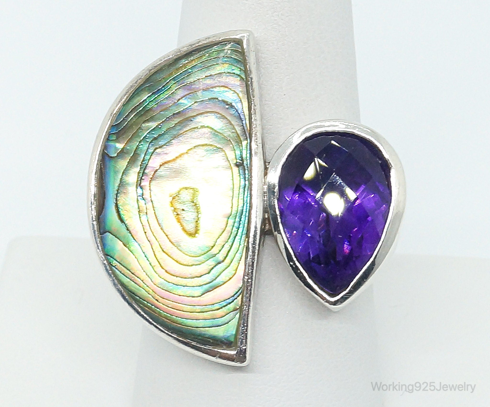 Vintage Paua Abalone Shell Amethyst Sterling Silver Ring - Size 9.25